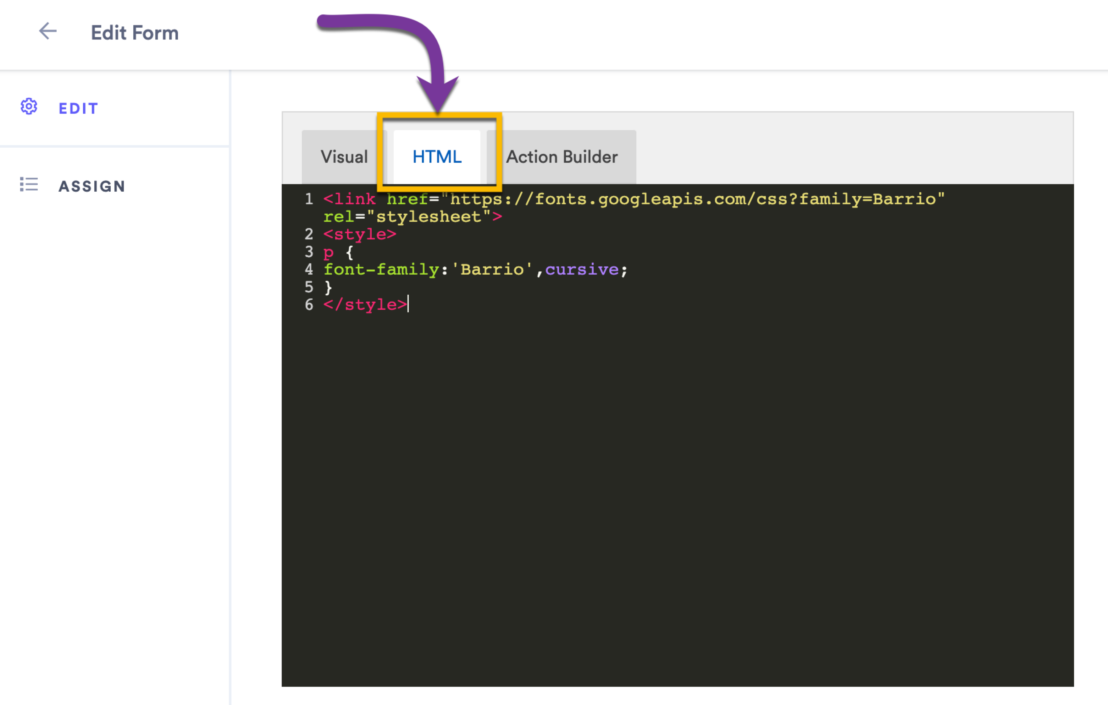 Opening the HTML editor to add references to an external font family stylesheet