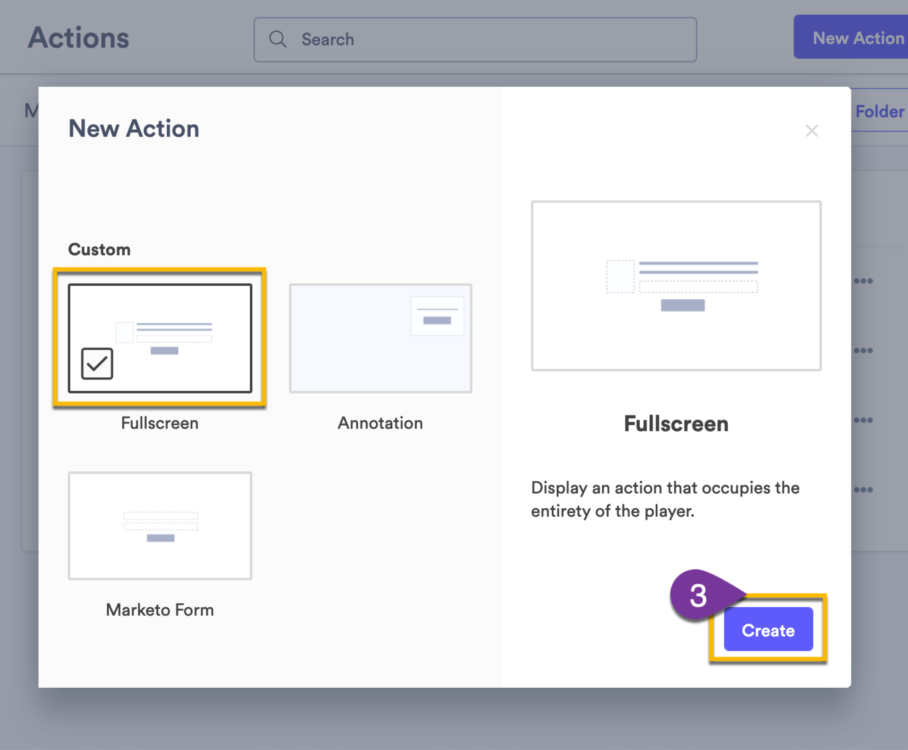 In the pop-up menu, selecting the type of Custom Action that you want to create, either fullscreen or annotation