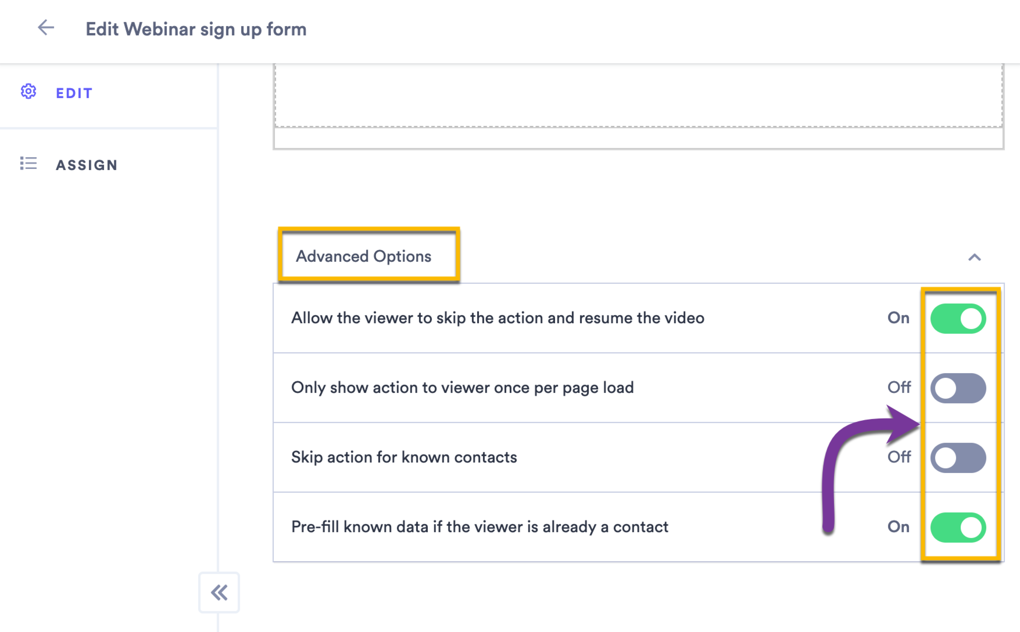 Using the settings in the Advanced Options menu to adjust the behavior of your custom action, like whether the viewer can choose to skip it