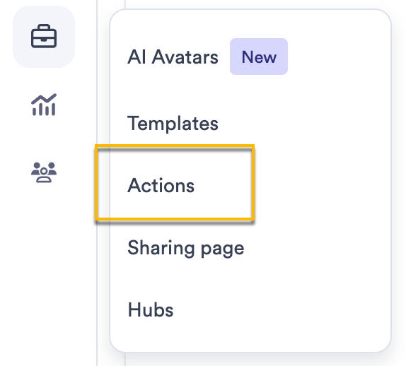 Vidyard main menu Tools open with Actions option selected