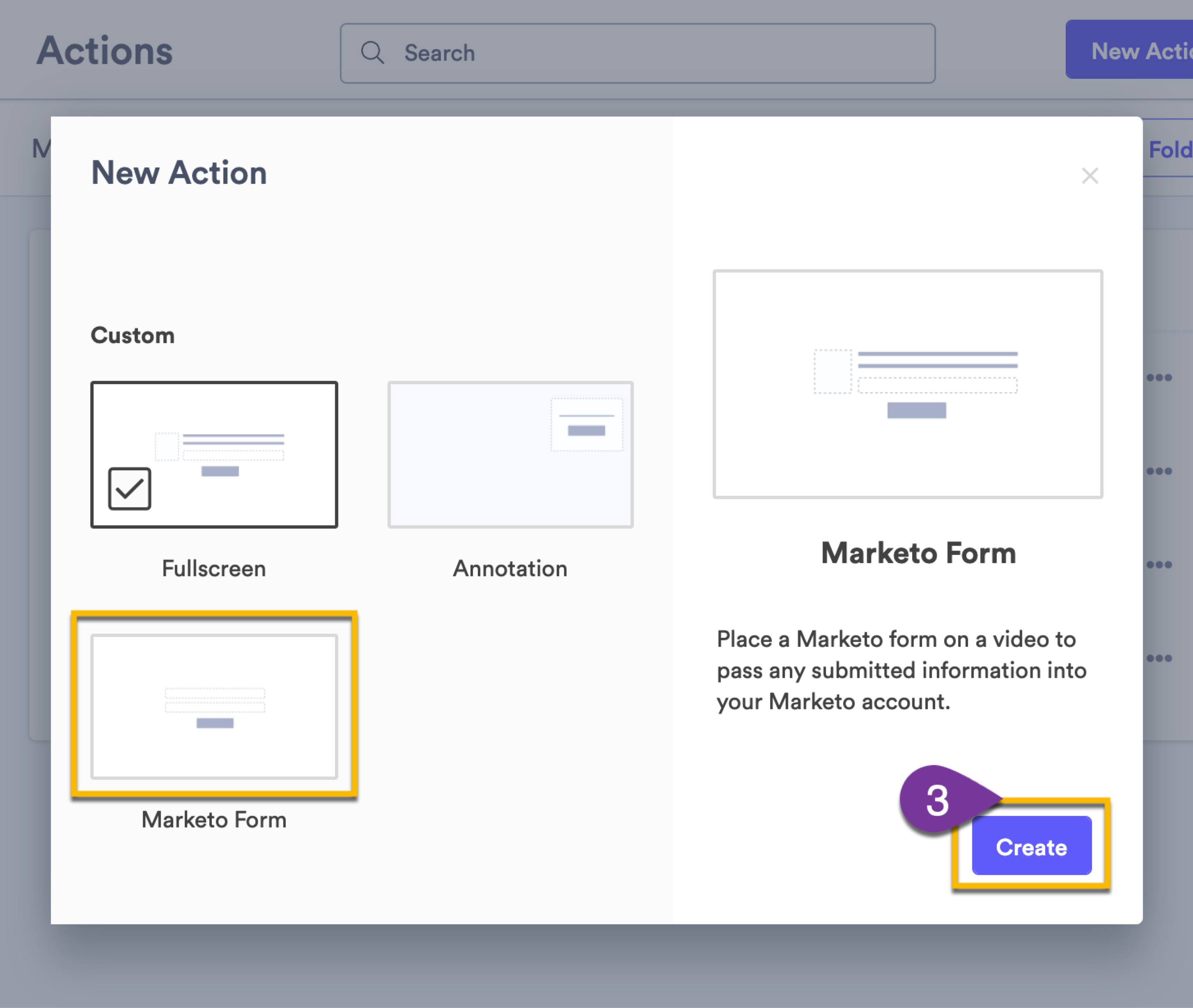 Selecting the option to create a Marketo form from the New Action menu