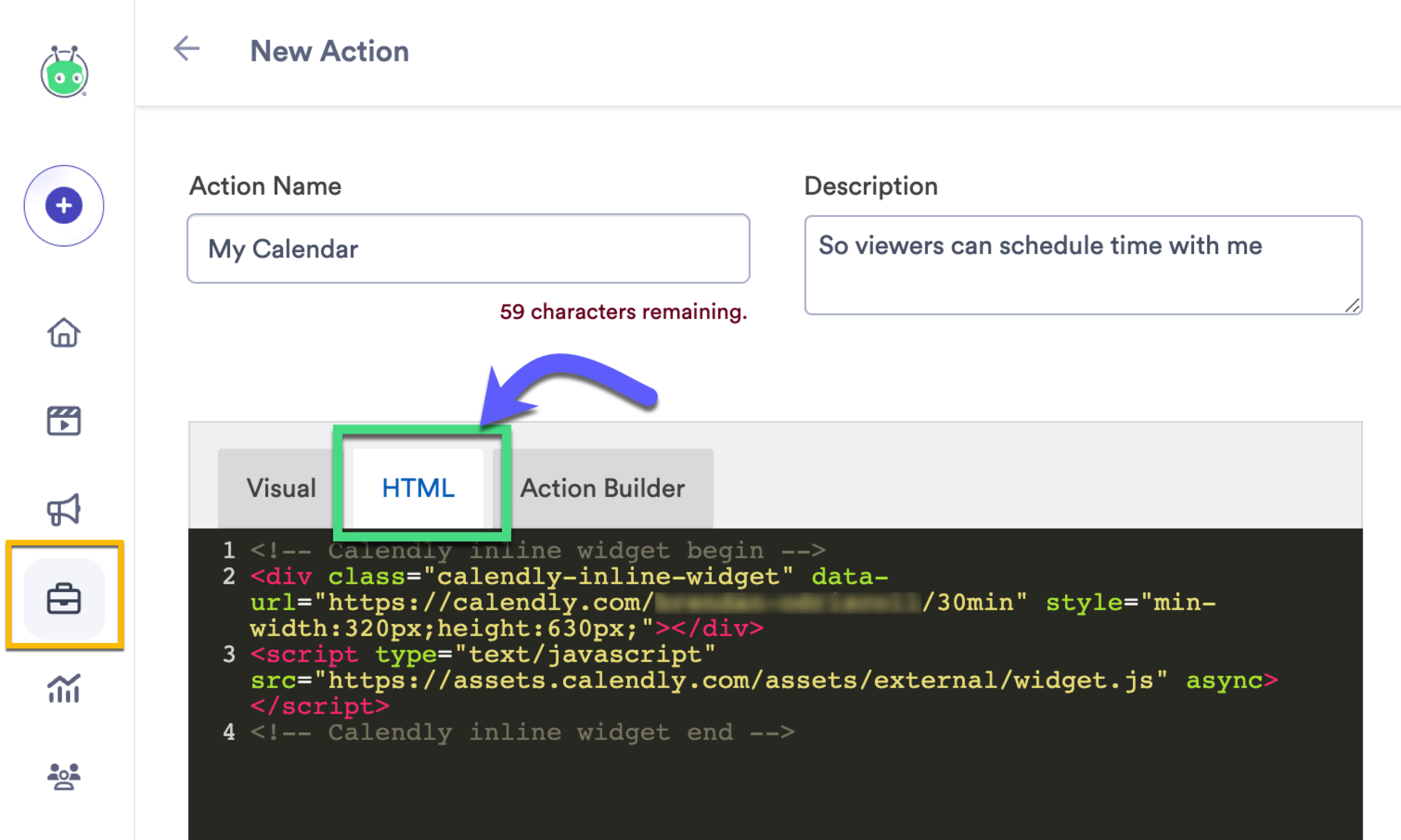 HTML section of Action edit page where embed code can be entered