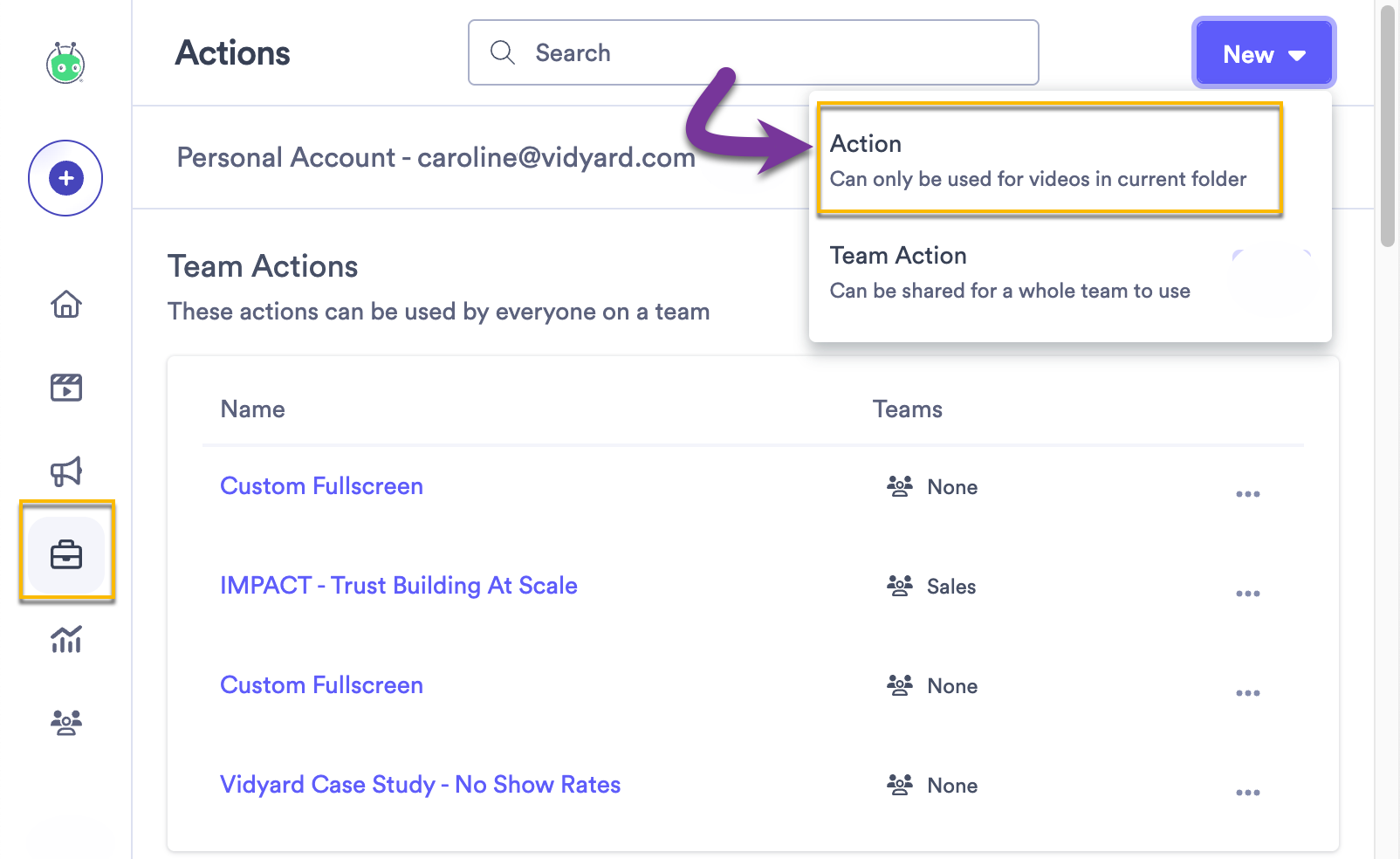 Library of Actions with New Action selected