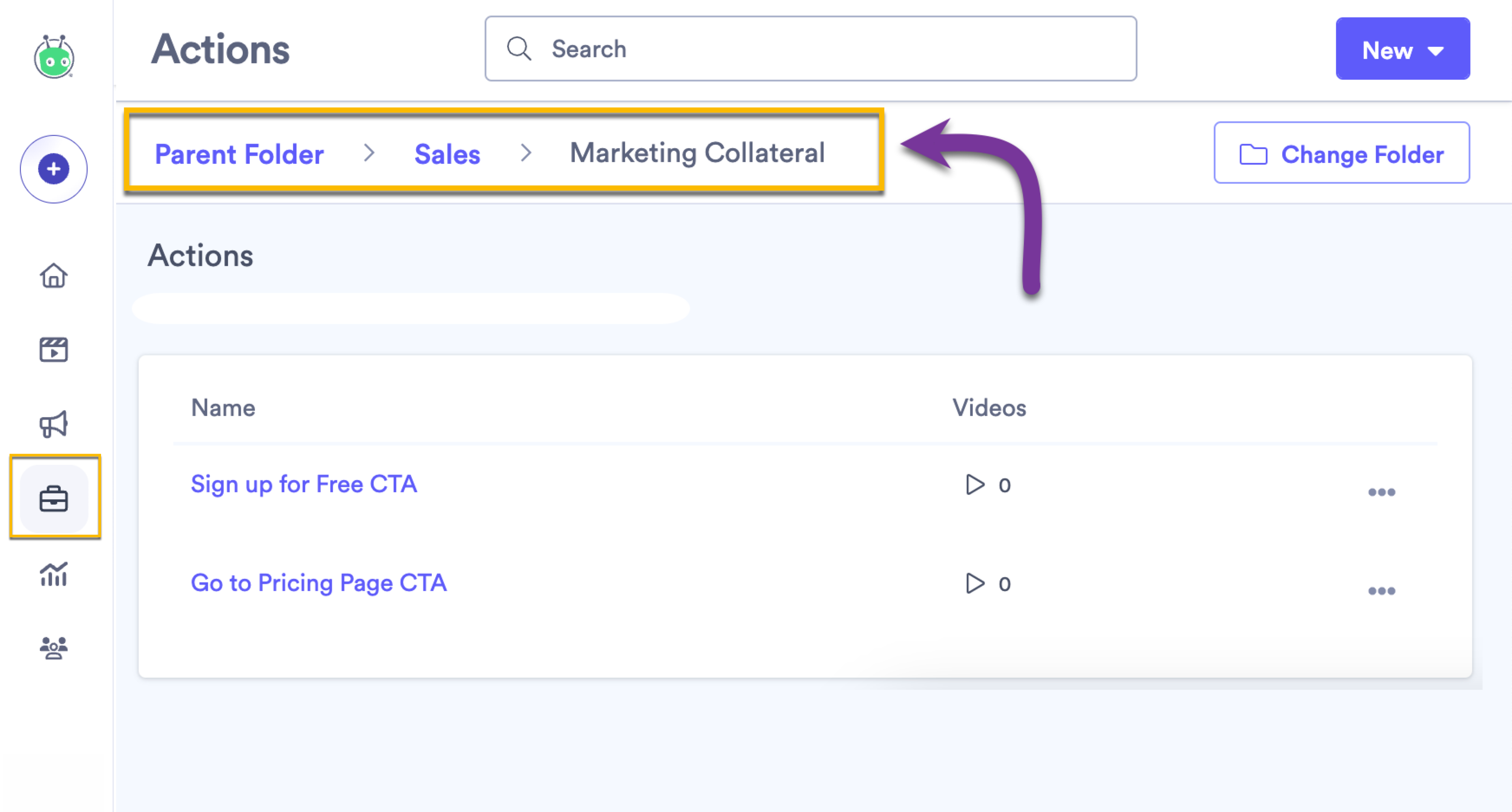 The folder path at the top of the Actions page, to help you understand which folder you're current in