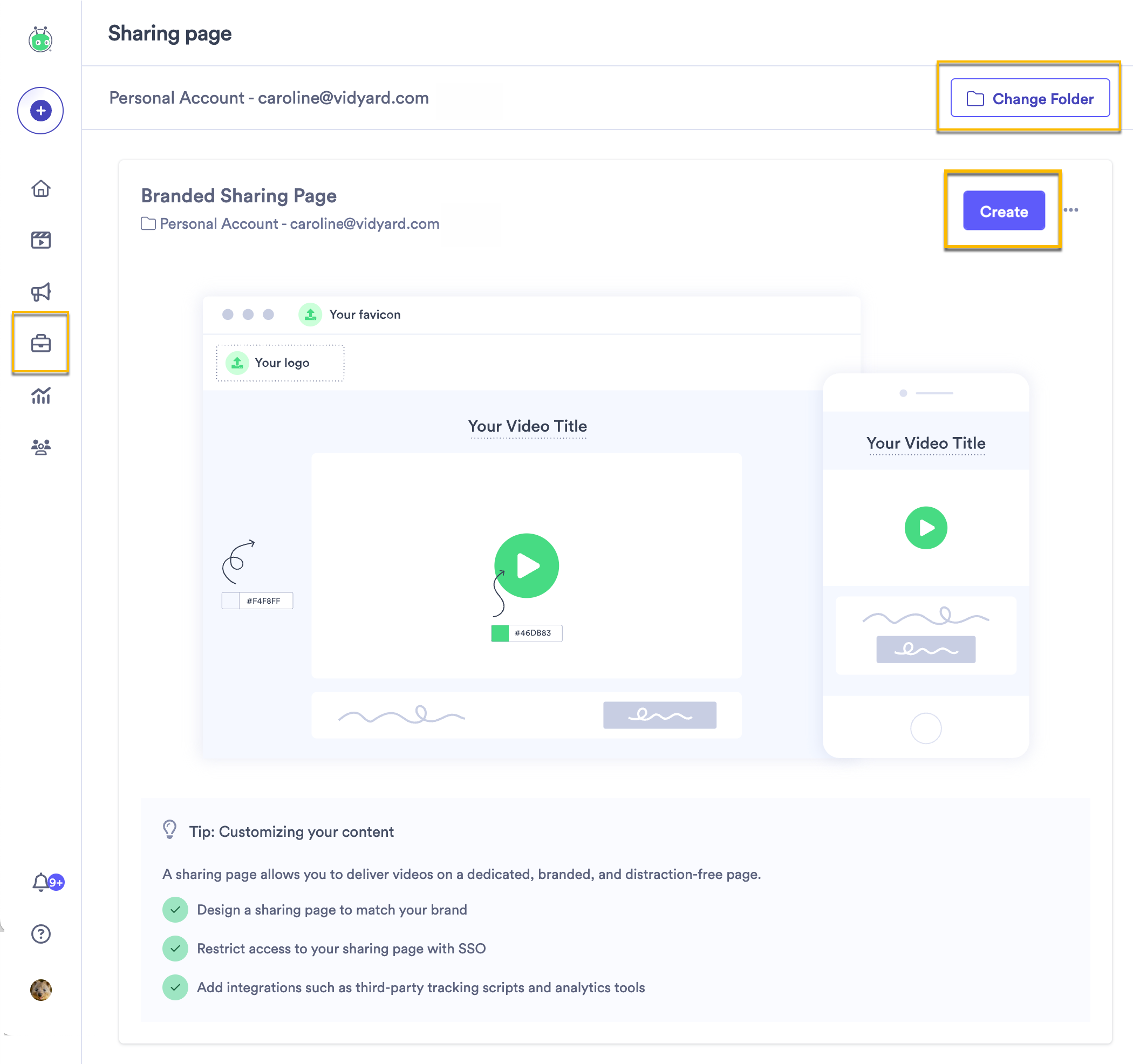 Navigating to a folder, opening the sharing page from the channels menu, then creating a new sharing page