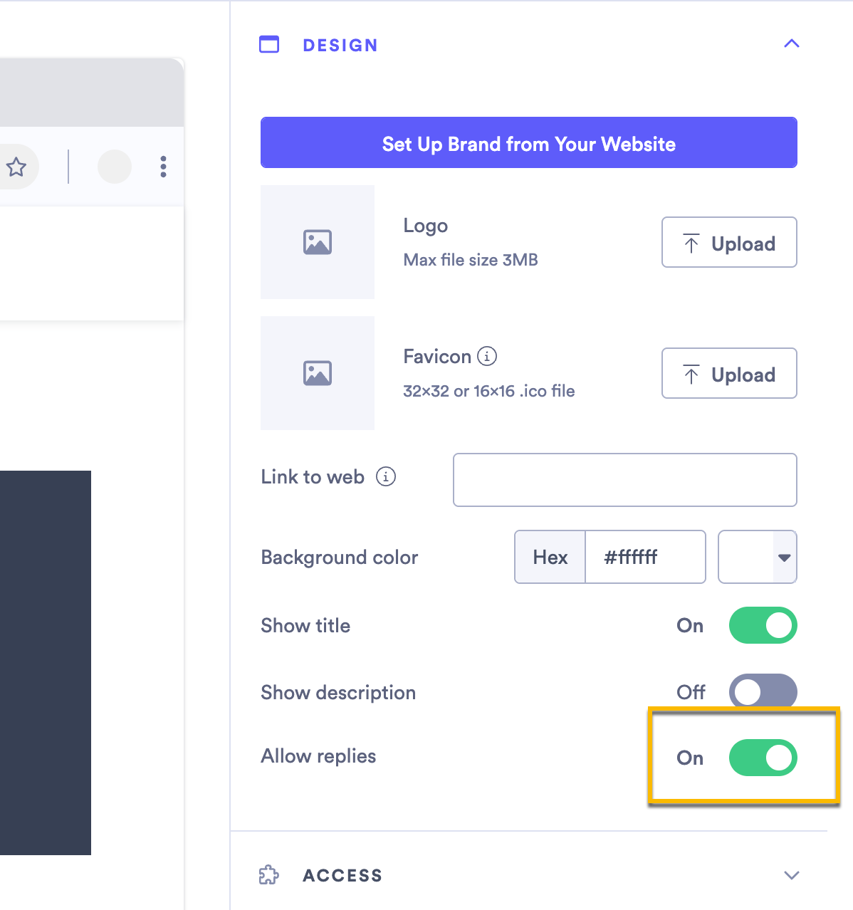 Design tab open on the sharing page edit screen with option to allow replies toggled on