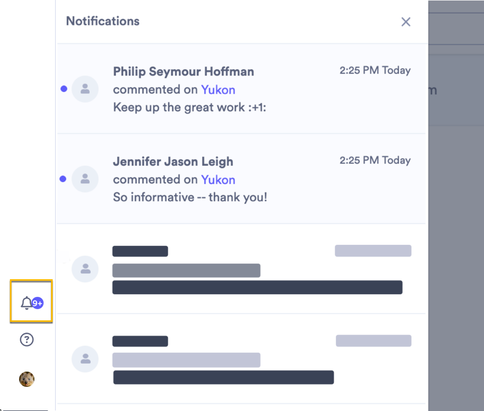 The notifications menu in Vidyard Pro. Notifications about replies left on a video sharing page.