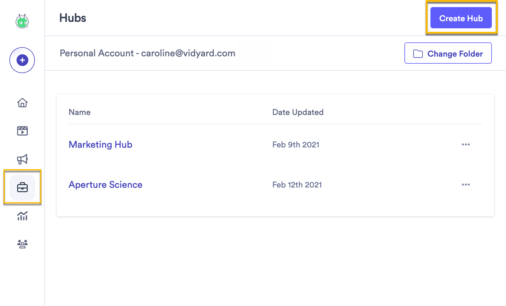 Vidyard Hub page open with button to create new hub highlighted