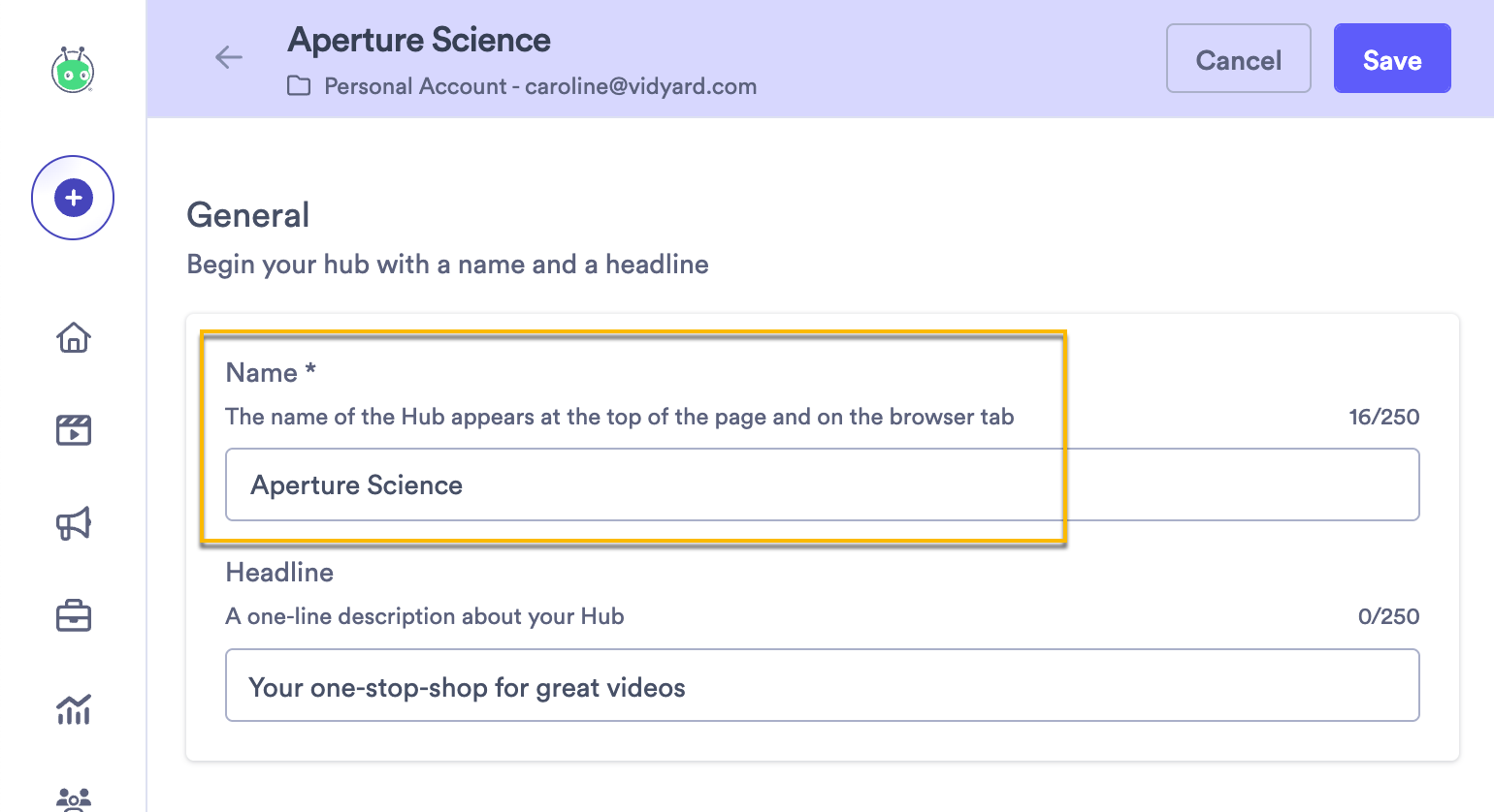 Adding basic details about your hub, a name and a headline