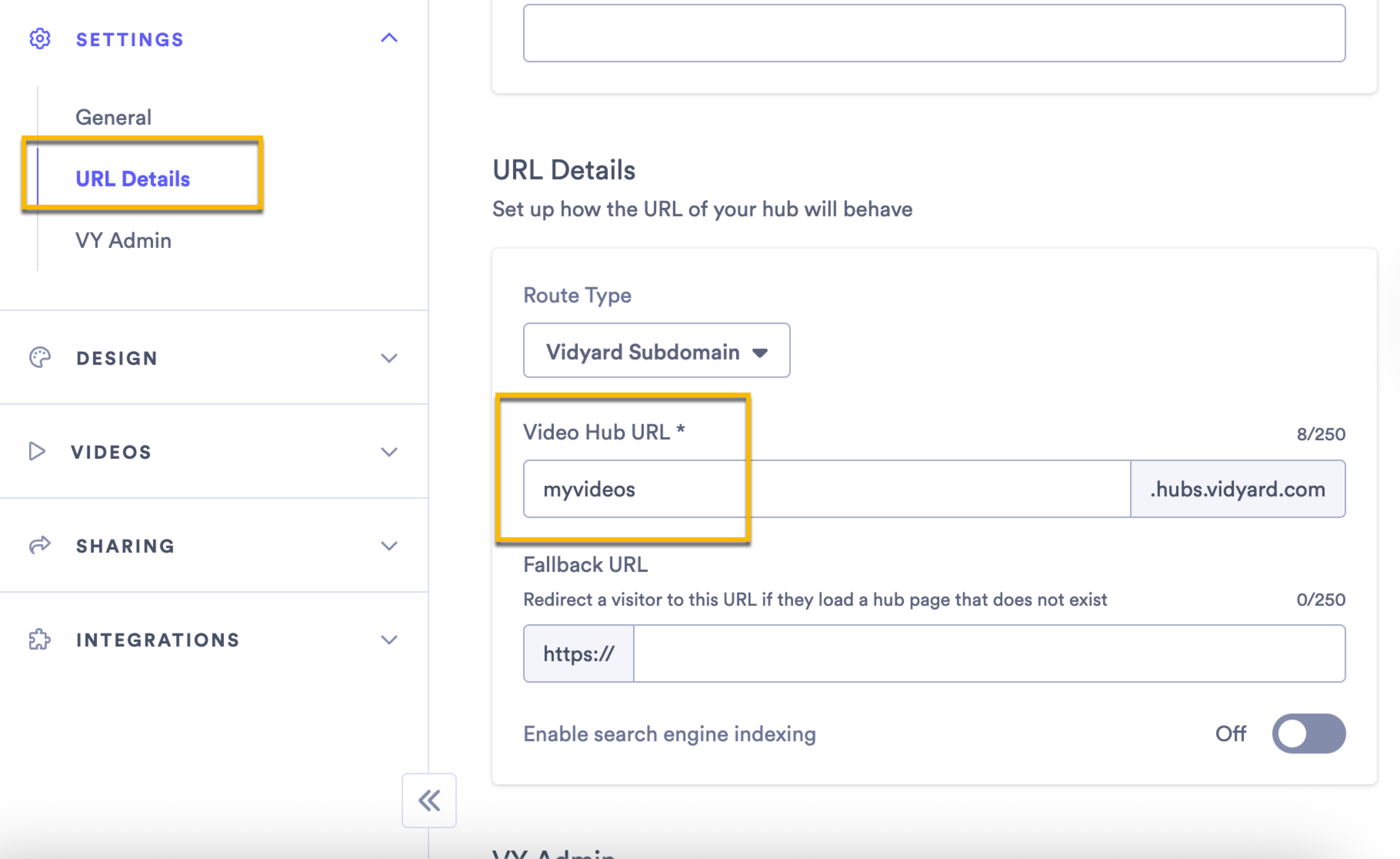Vidyard Hub with settings menu open and new domain selected