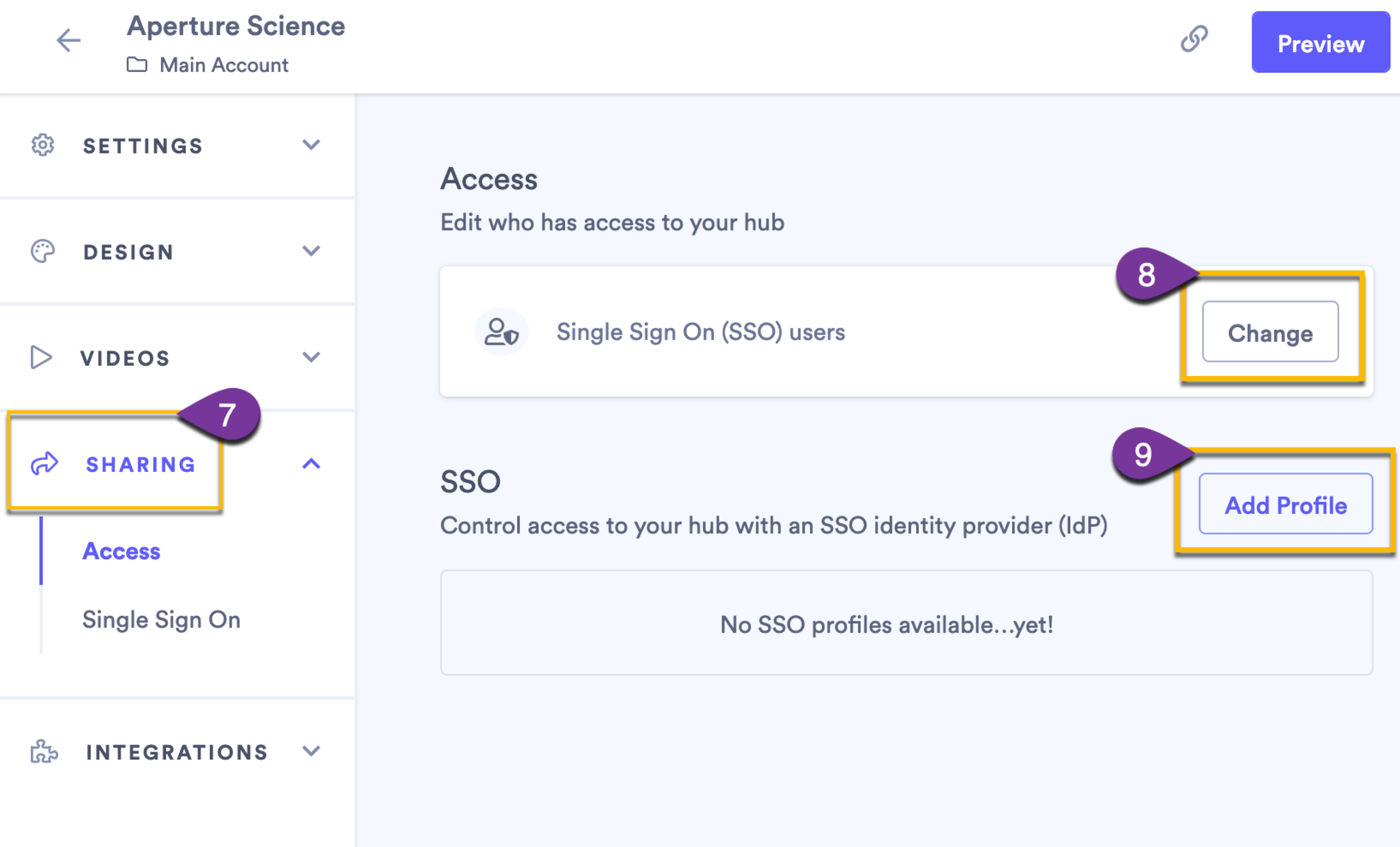 Hub sharing settings with SSO option selected to add new SSO profile