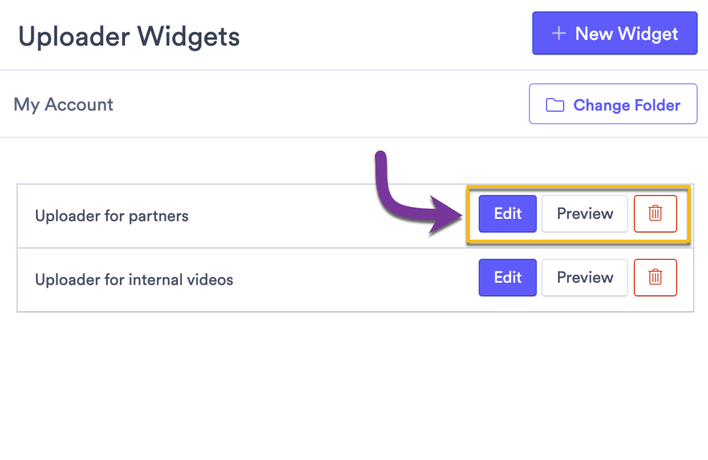 Selecting the buttons to either edit or delete an uploader widget