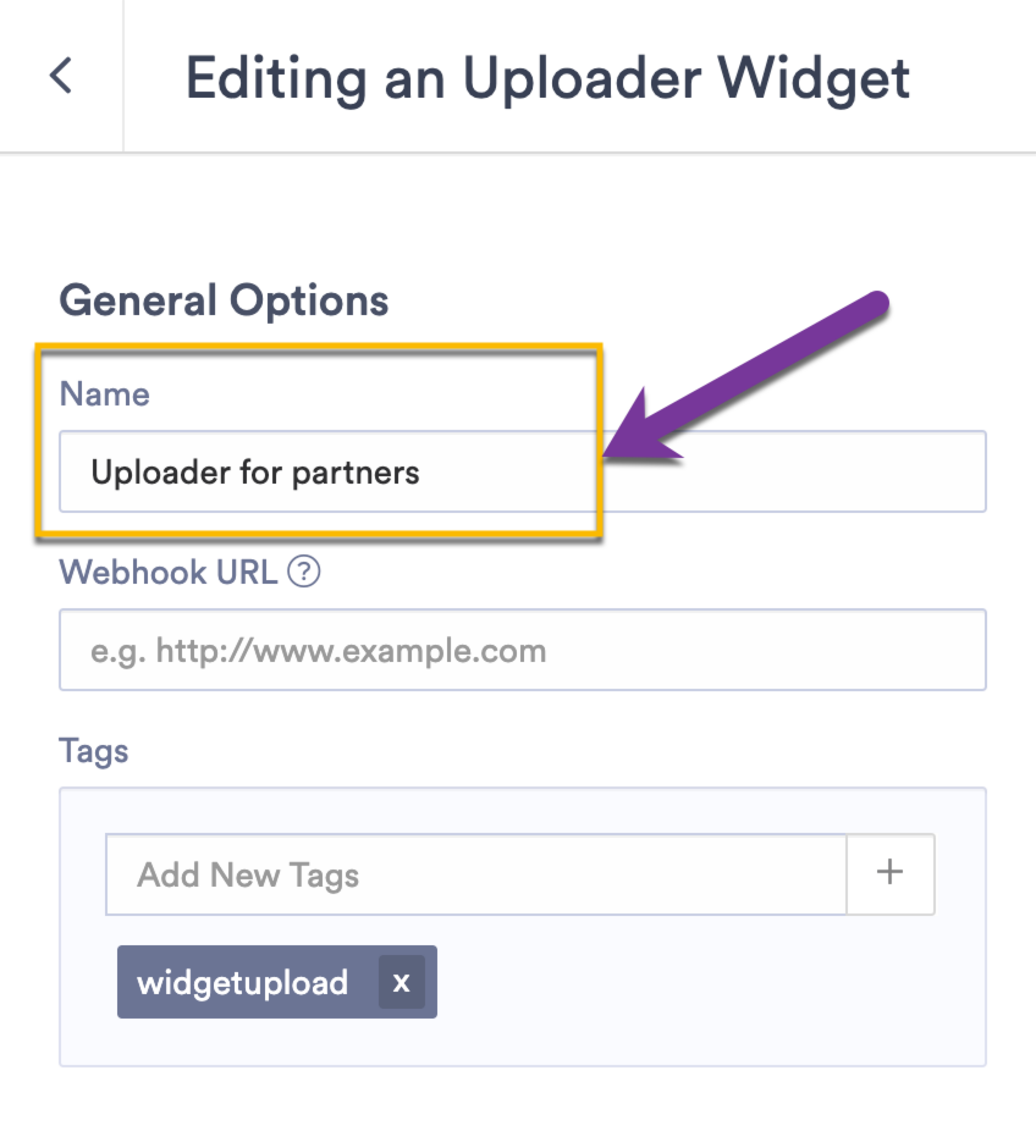 Entering a name for your uploader widget