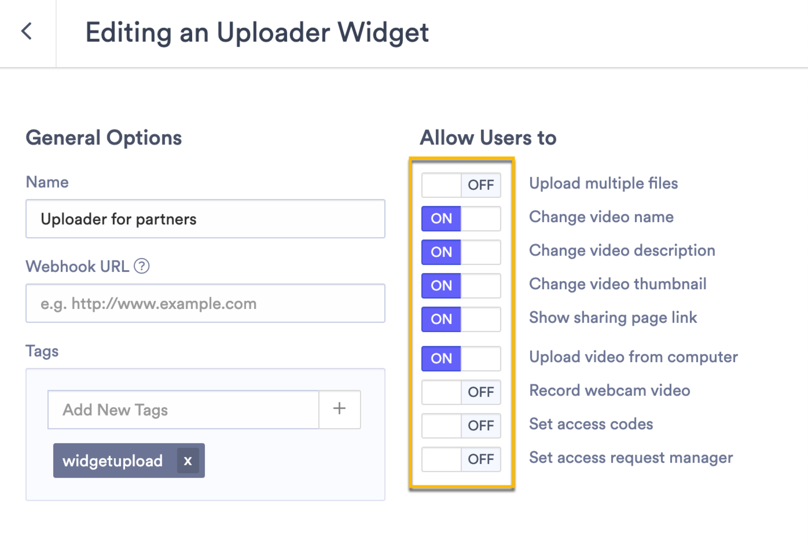 Using the toggles the change the settings on your uploader widget
