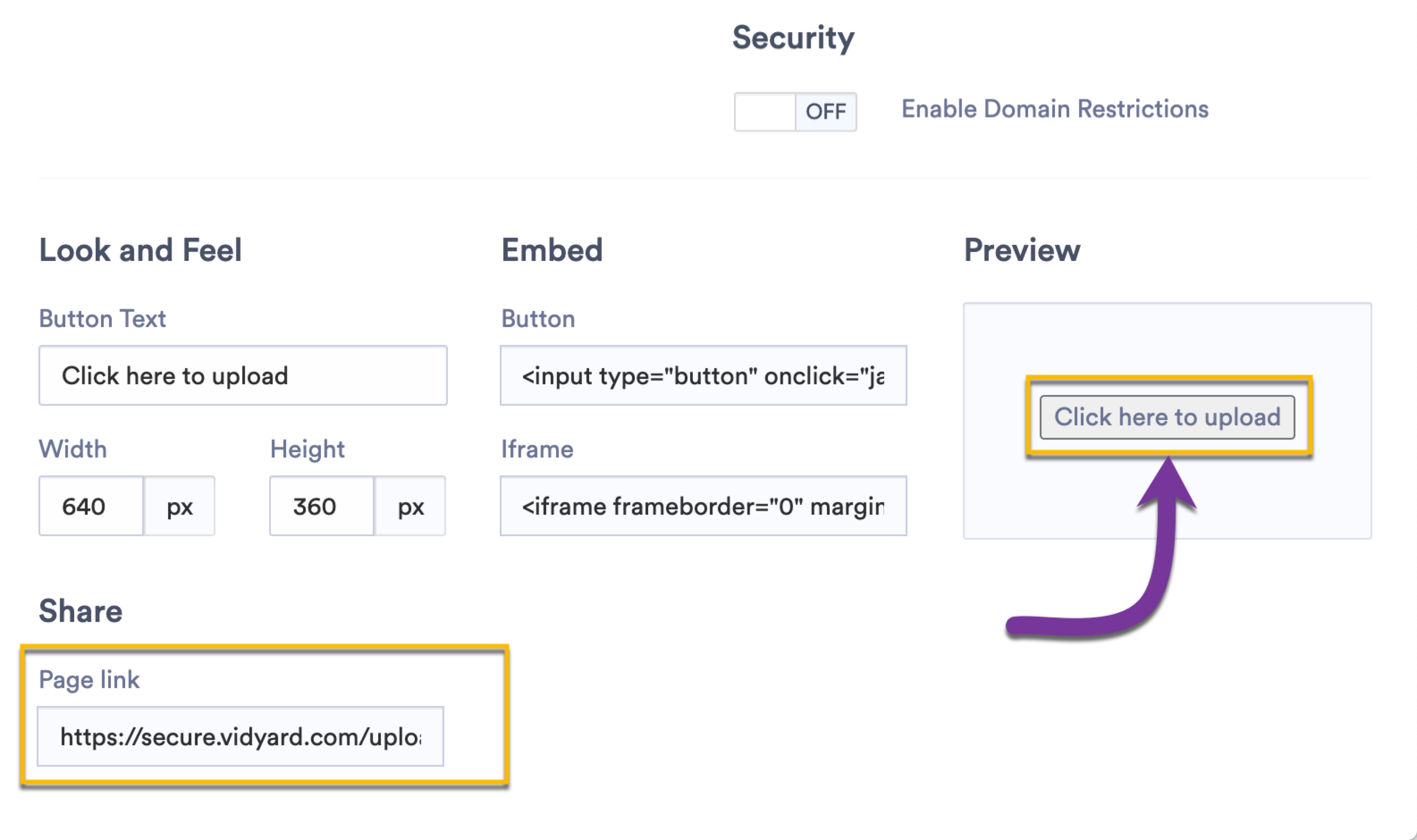 Using the page link or button to preview your uploader widget