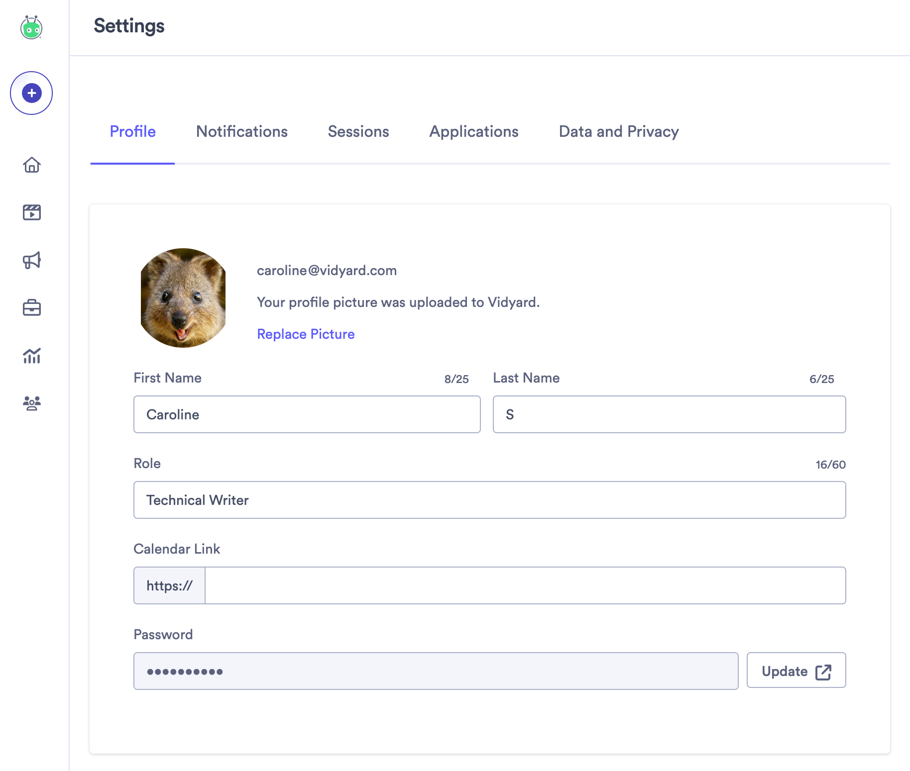 Profile information with first and last name, role, and calendar link fields availableProfile information with first and last name, role, and calendar link fields available