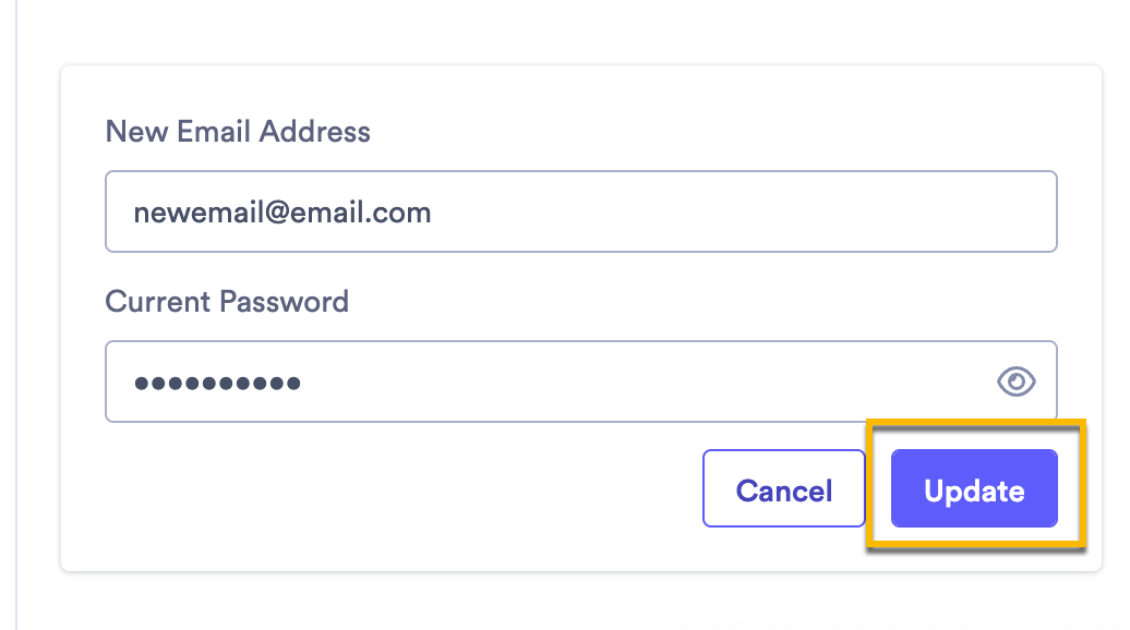 Entering your new email address and current account password
