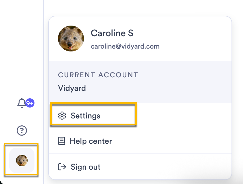 Opening your account profile from the main dashboard menu in Vidyard