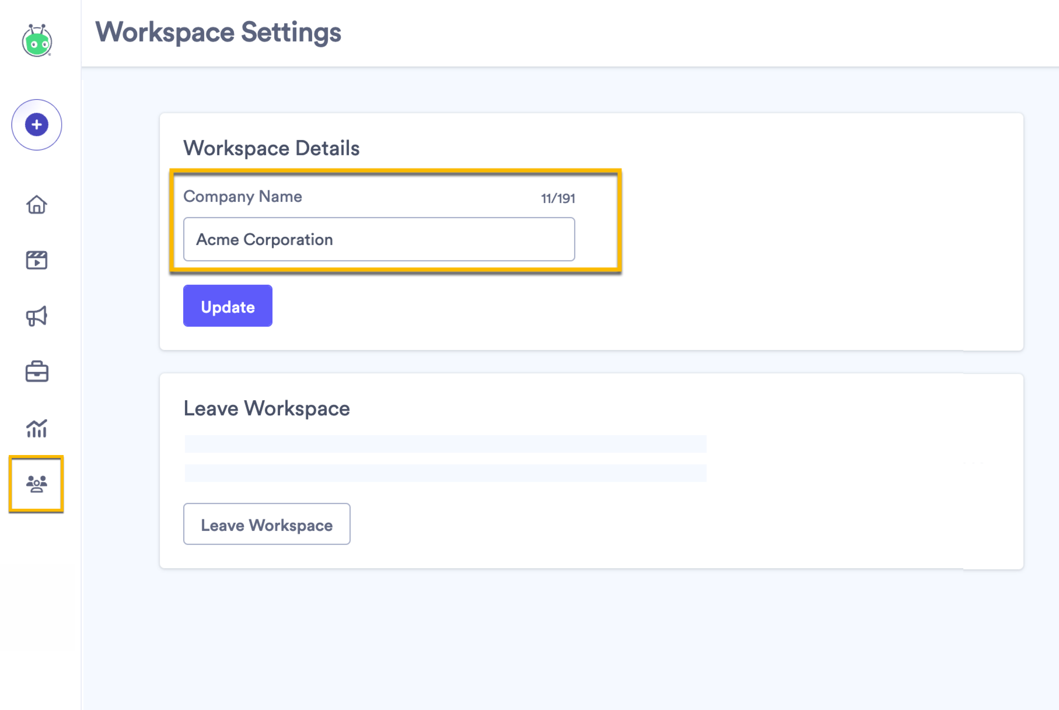 Opening the Workspace Settings page to change the company name of the workspace