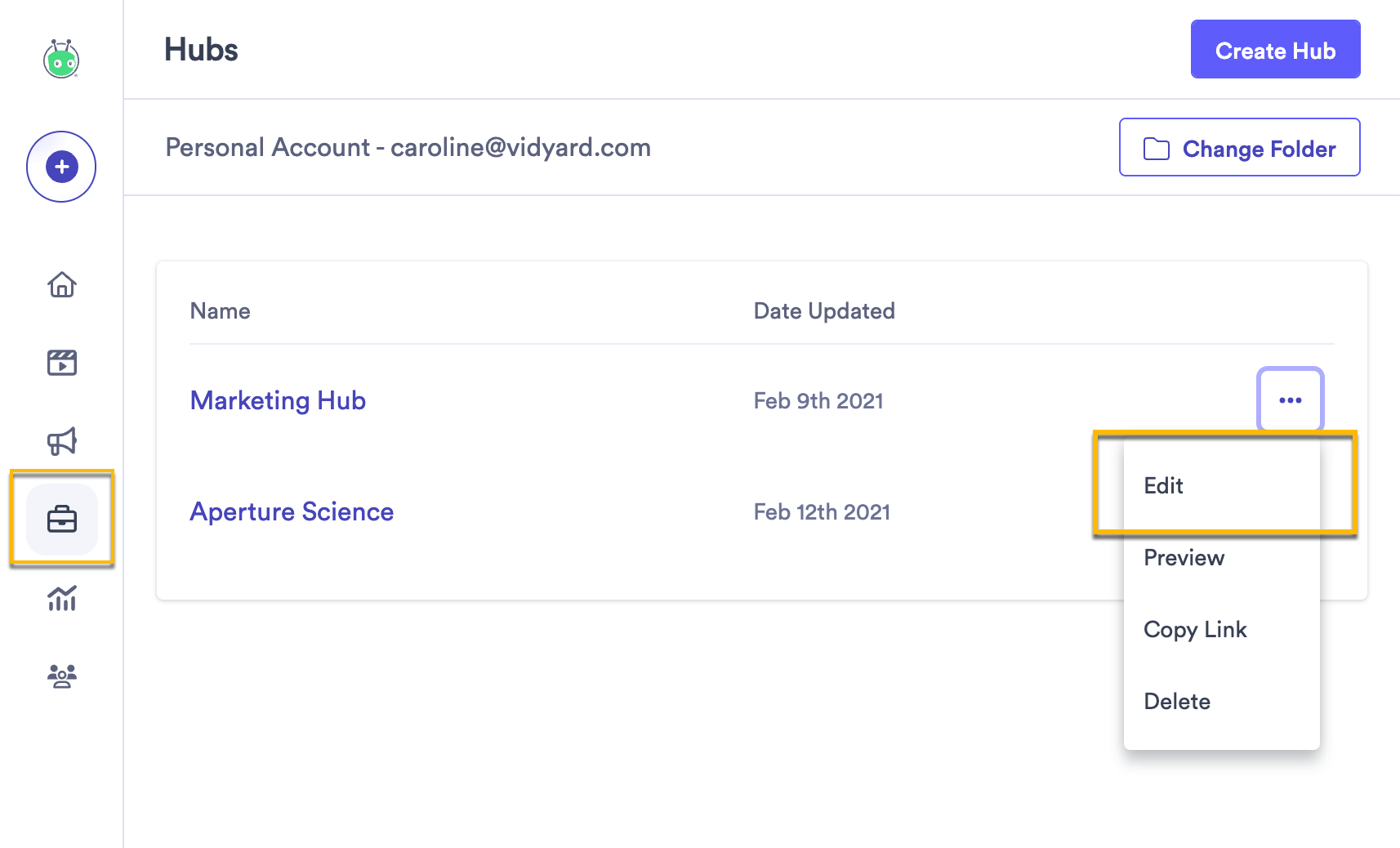 Opening the hub menu to edit one of your video hubs