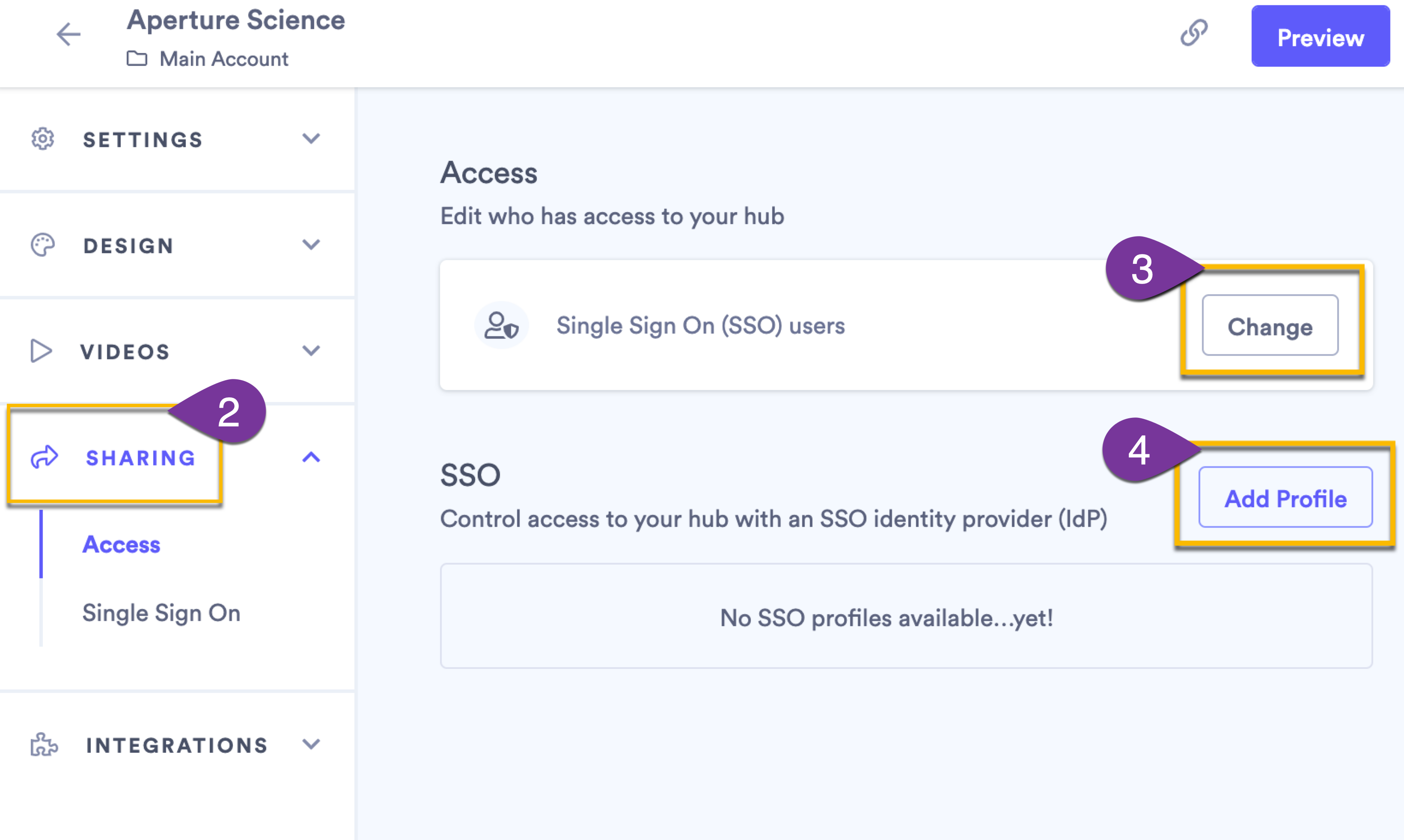 Hub edit page with SSO option selected to secure hub