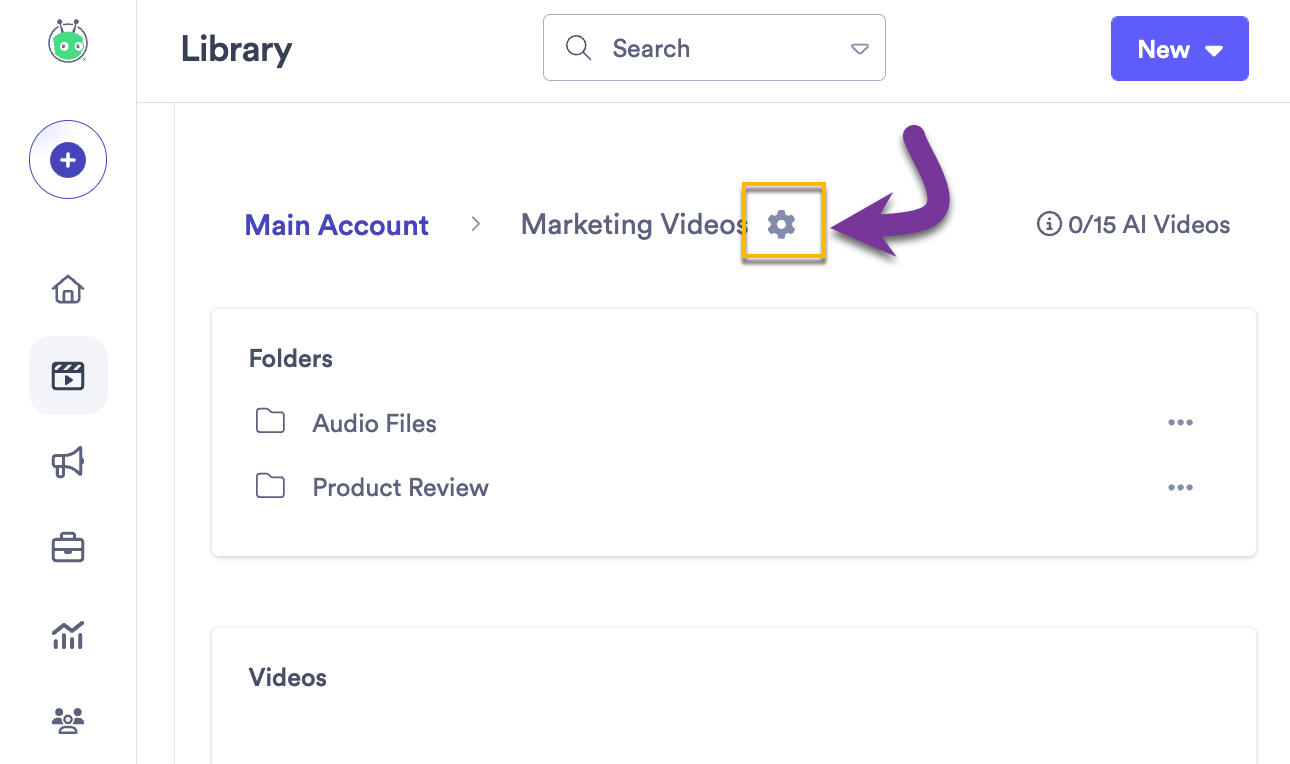 Selecting the gear icon to open the default settings for a folder