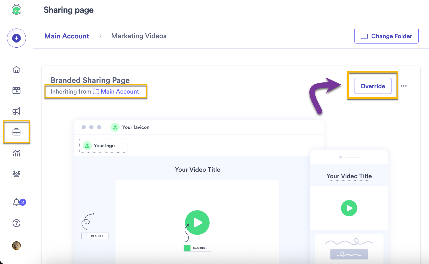 A prompt that indicates your sharing page design and settings are being inherited from another folder