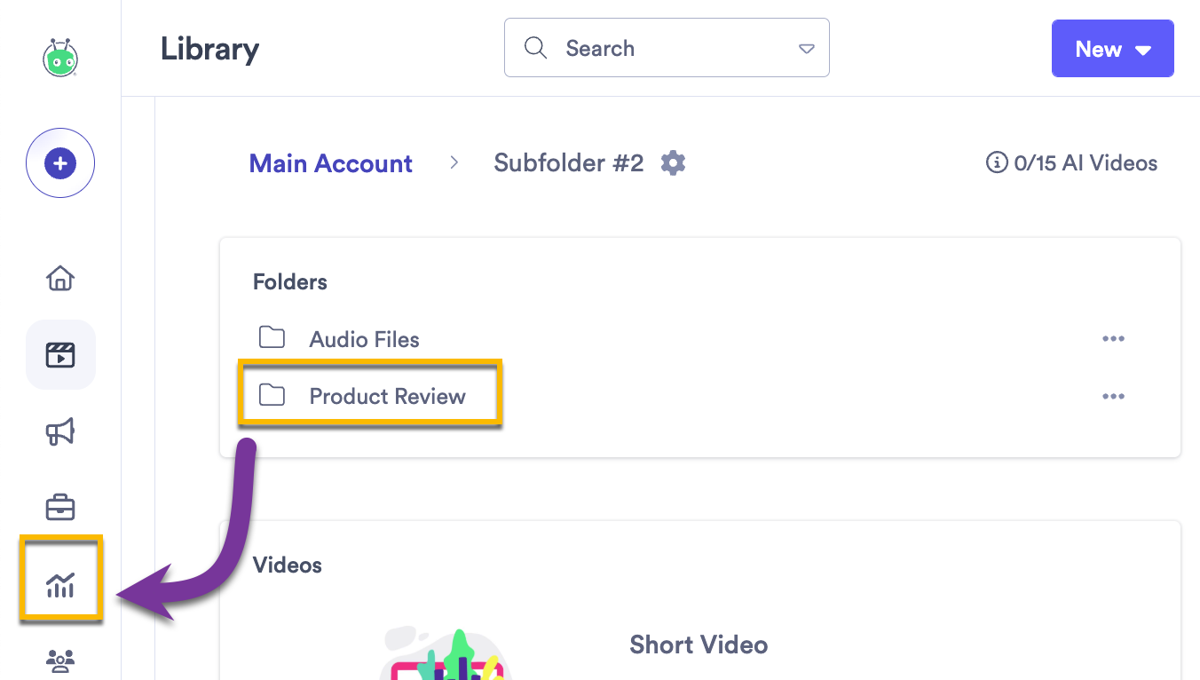 Navigating to a different folder in your account to access a different view of video analytics