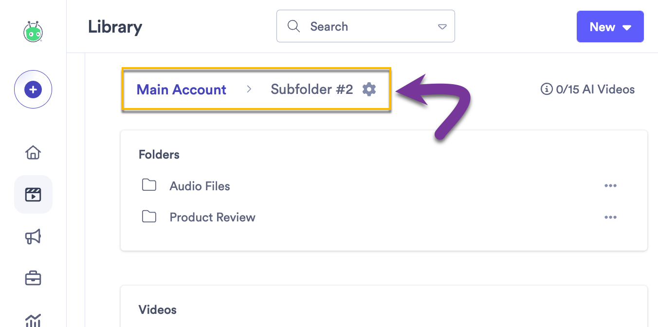 Using the folder path at the top of the video library to understand which folder you are currently in