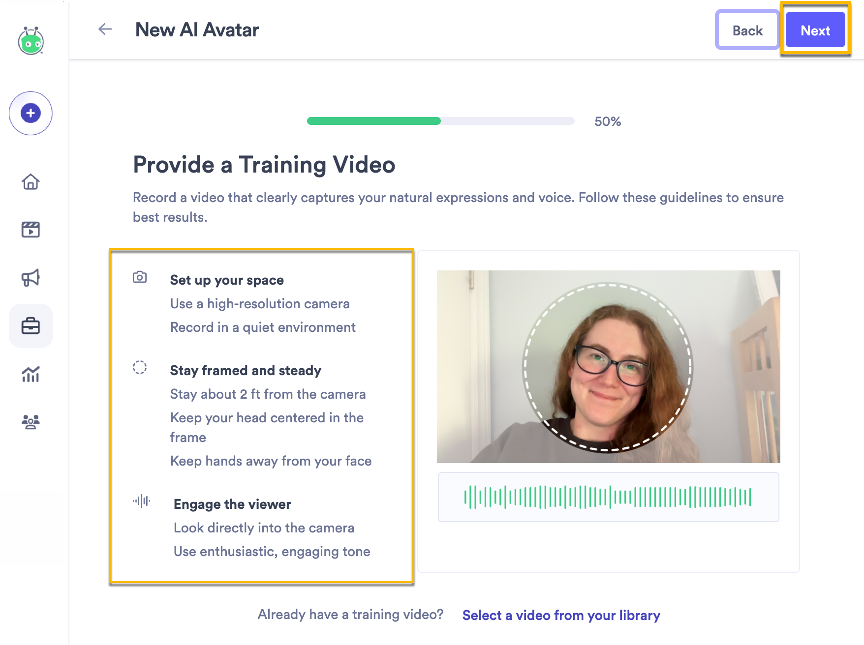 Tips on how to set up your space, framing, and tone before recording your video, with option to pick an existing video from your library