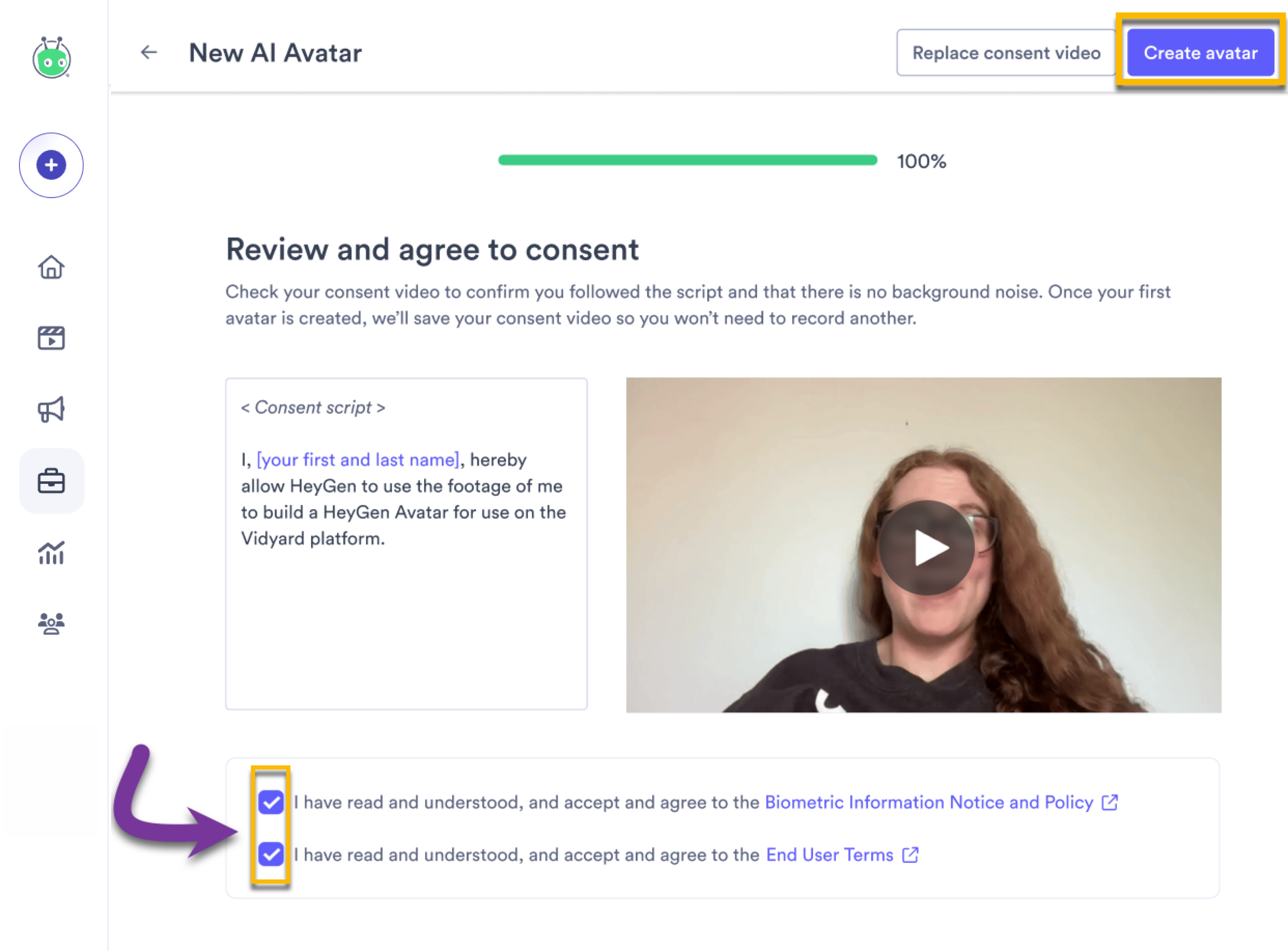 Finished consent video with script beside video for reference and checkboxes for terms and conditions checked
