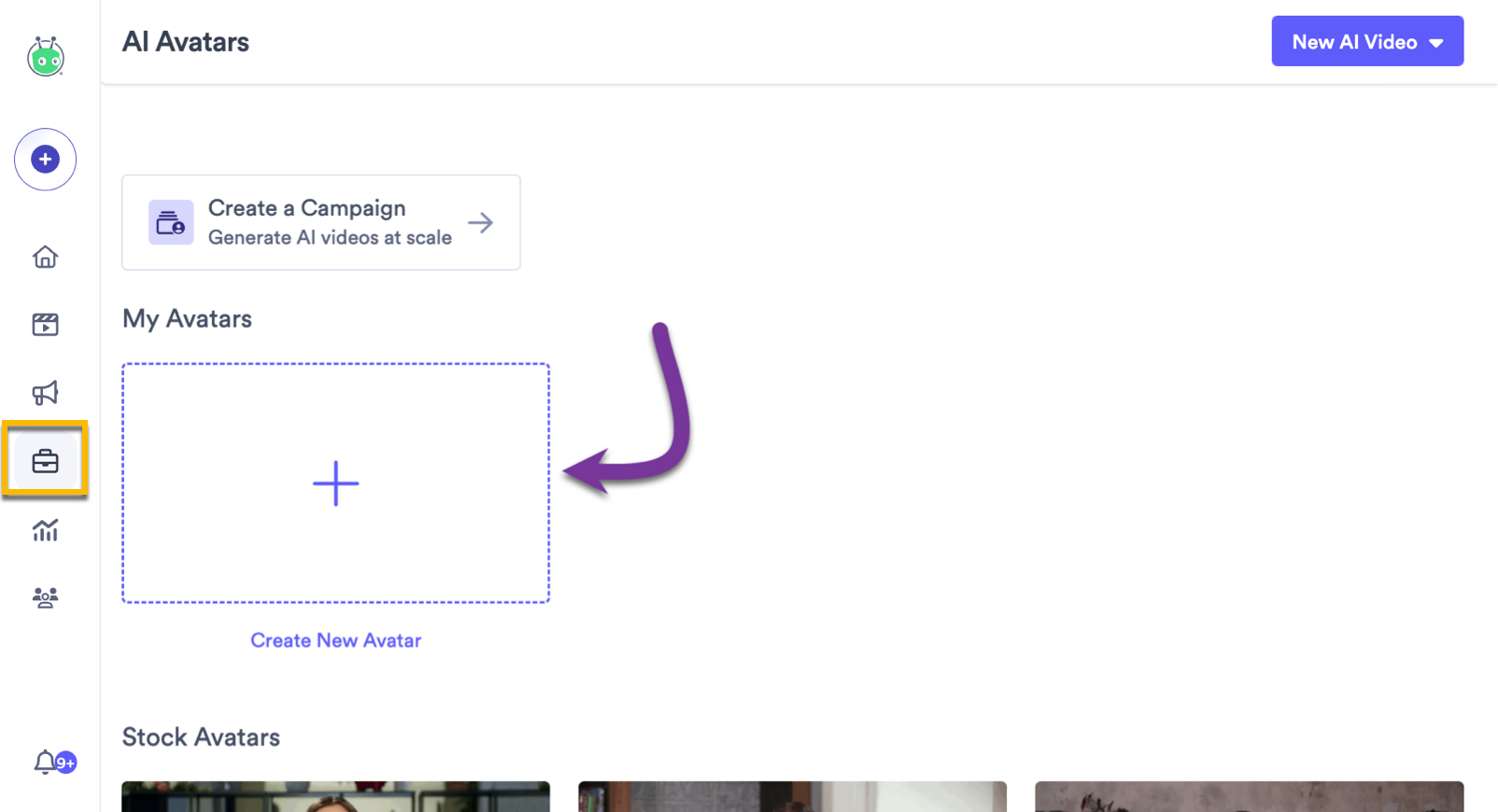 AI Avatars page with option to create new avatar highlighted