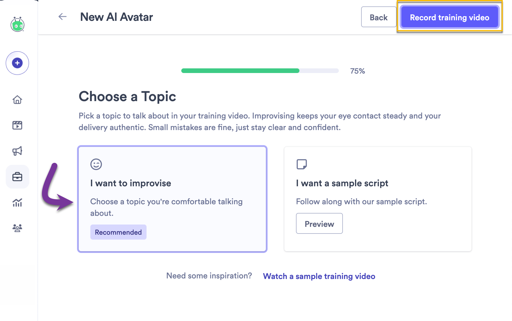 Choose a topic screen with options to use a sample script or improvise a video