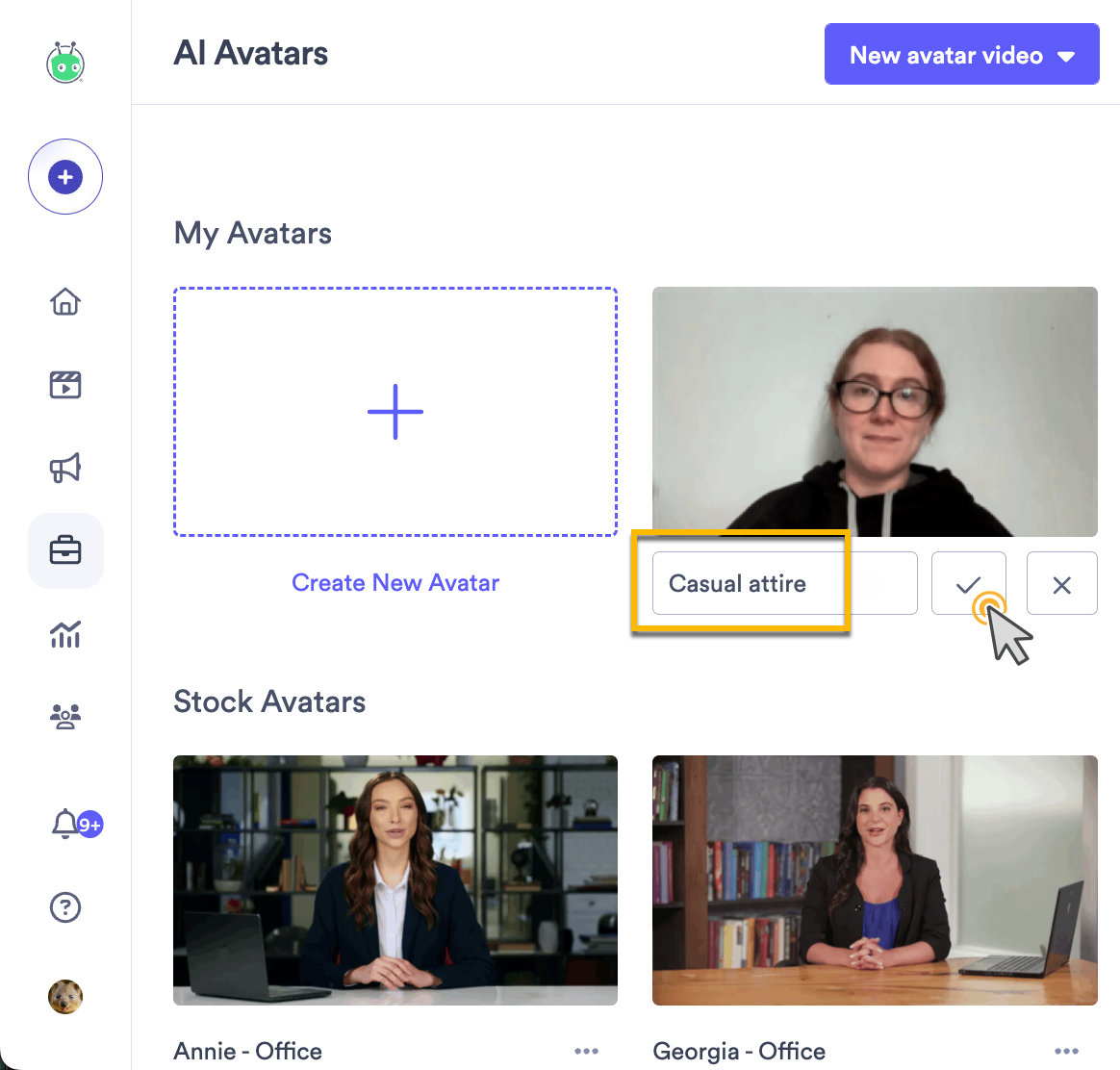 New name assigned to avatar with checkmark to confirm selected