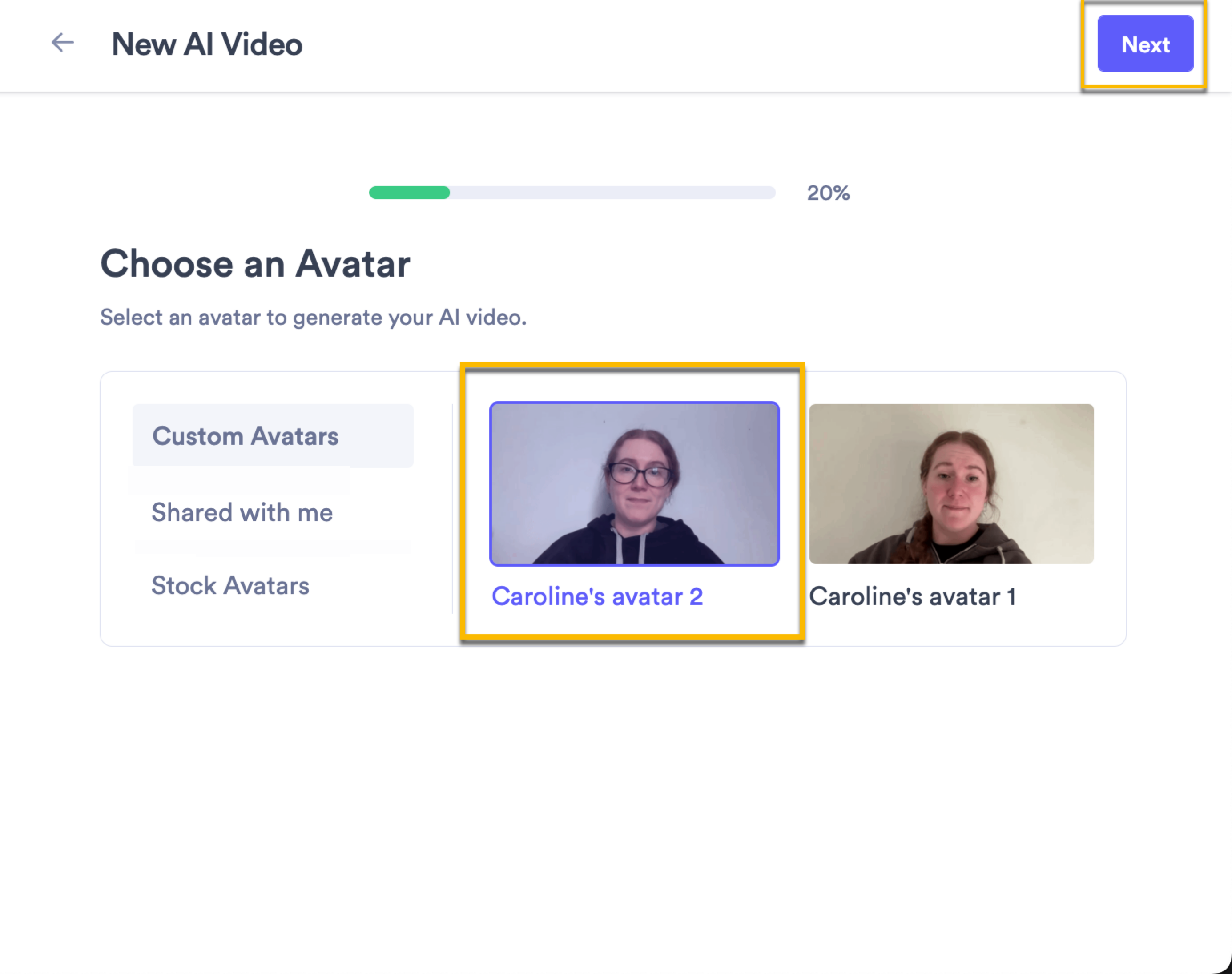 Avatar selection screen with options to choose either stock, shared, or custom created avatars