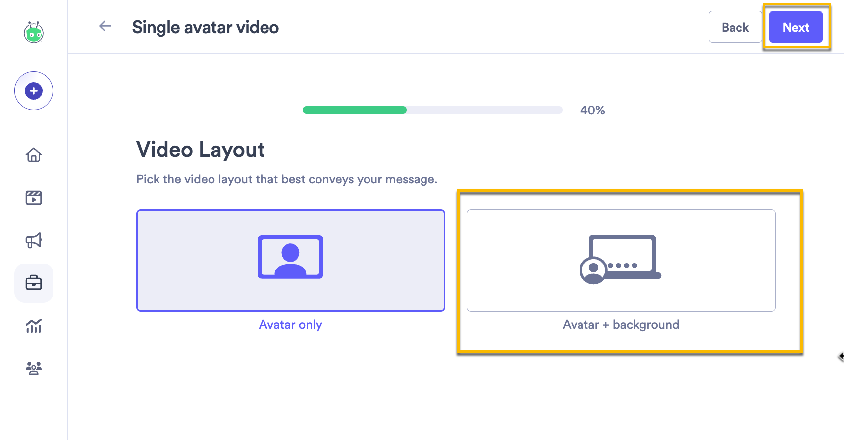 Video layout selection screen with options to create either an avatar only video or video with screen background and avatar