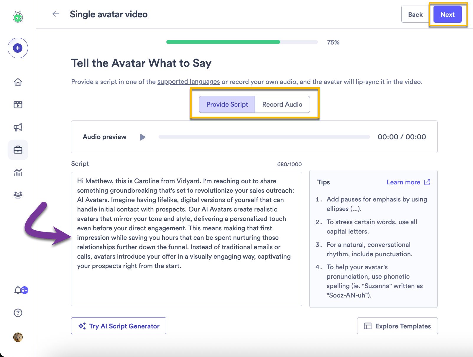 Video script section of AI video creation in library with option for script or audio recording and next step button highlighted