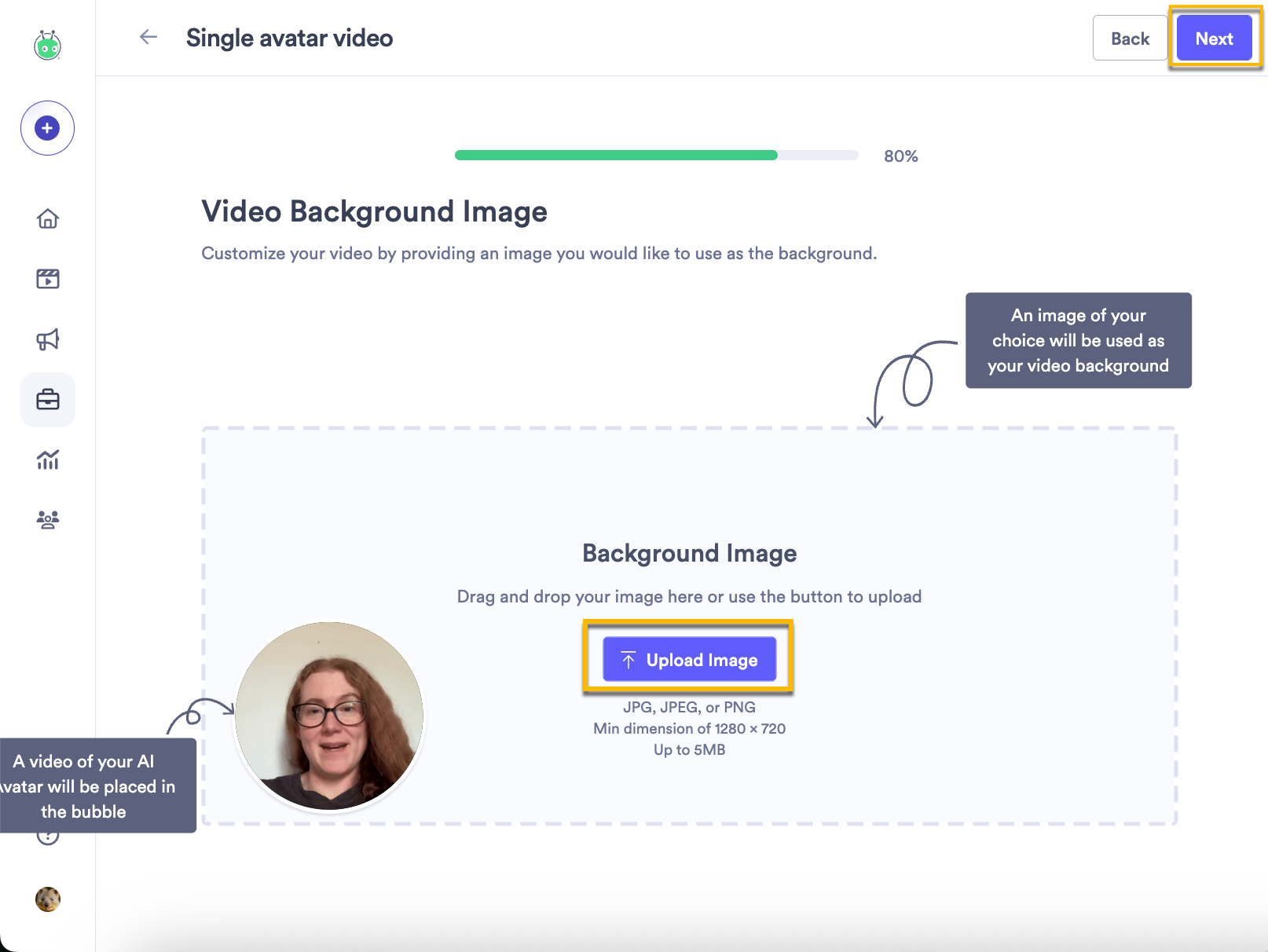 Video background image section of AI video creation with button to upload image and next step button highlighted