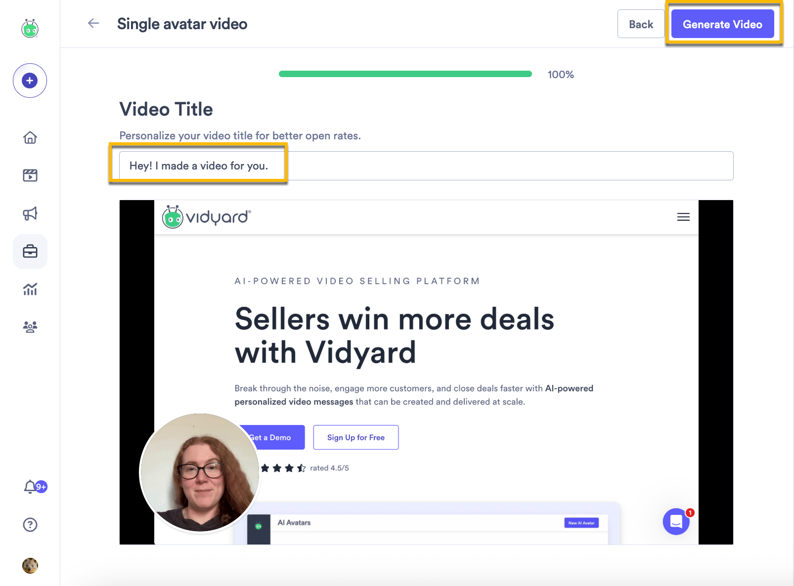 Final section of AI video creation in library where you can enter your video name and generate your AI video