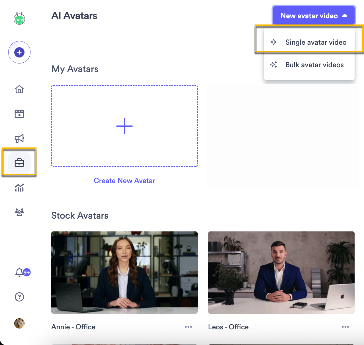 AI Avatars library in Vidyard dashboard with dropdown menu to generate video open and single video generation selected