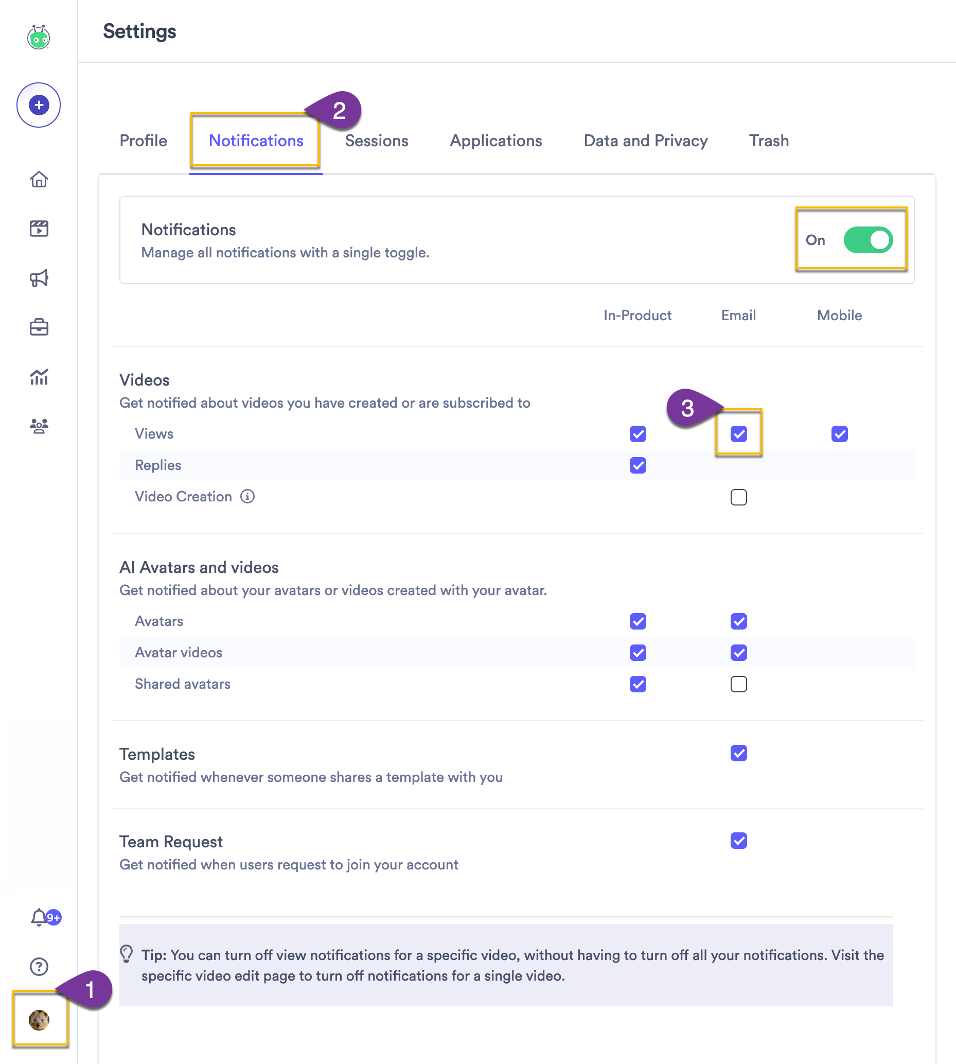 Opening the user profile page in Vidyard to change the type of activities you want to receive notifications for, whether in-app or by email