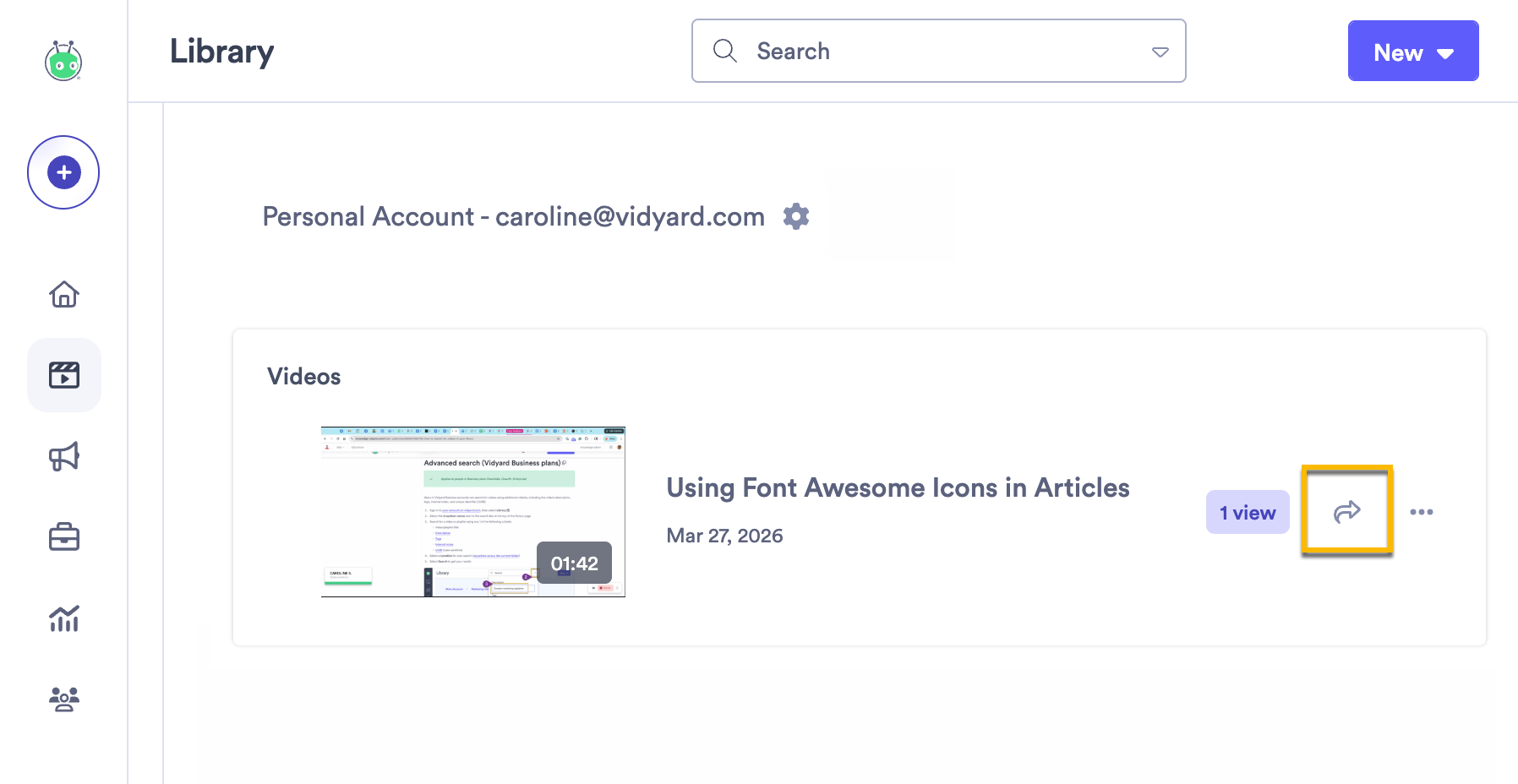 Opening the sharing options for a video in your library