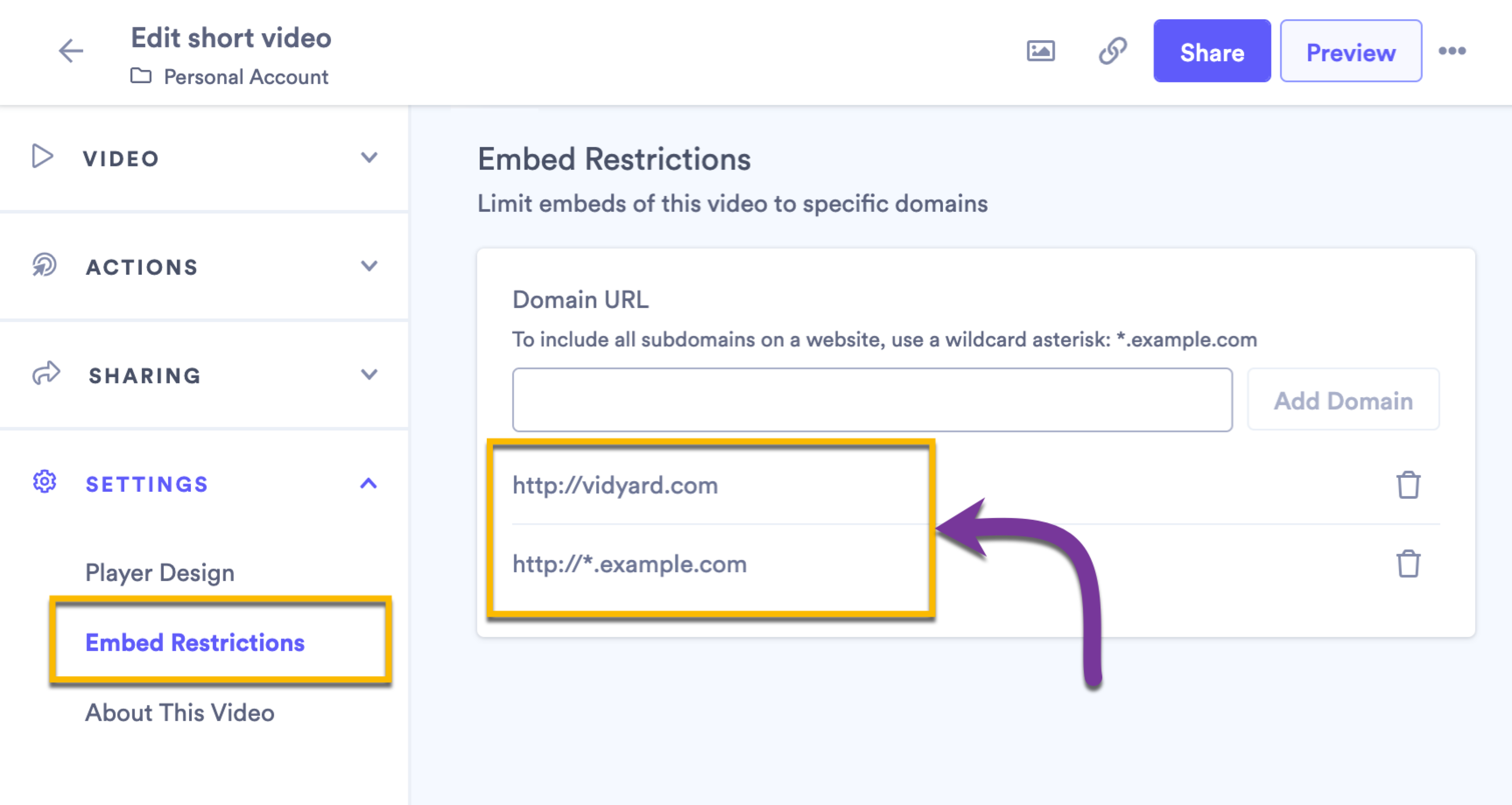 Video settings page showing domains that allow embedding
