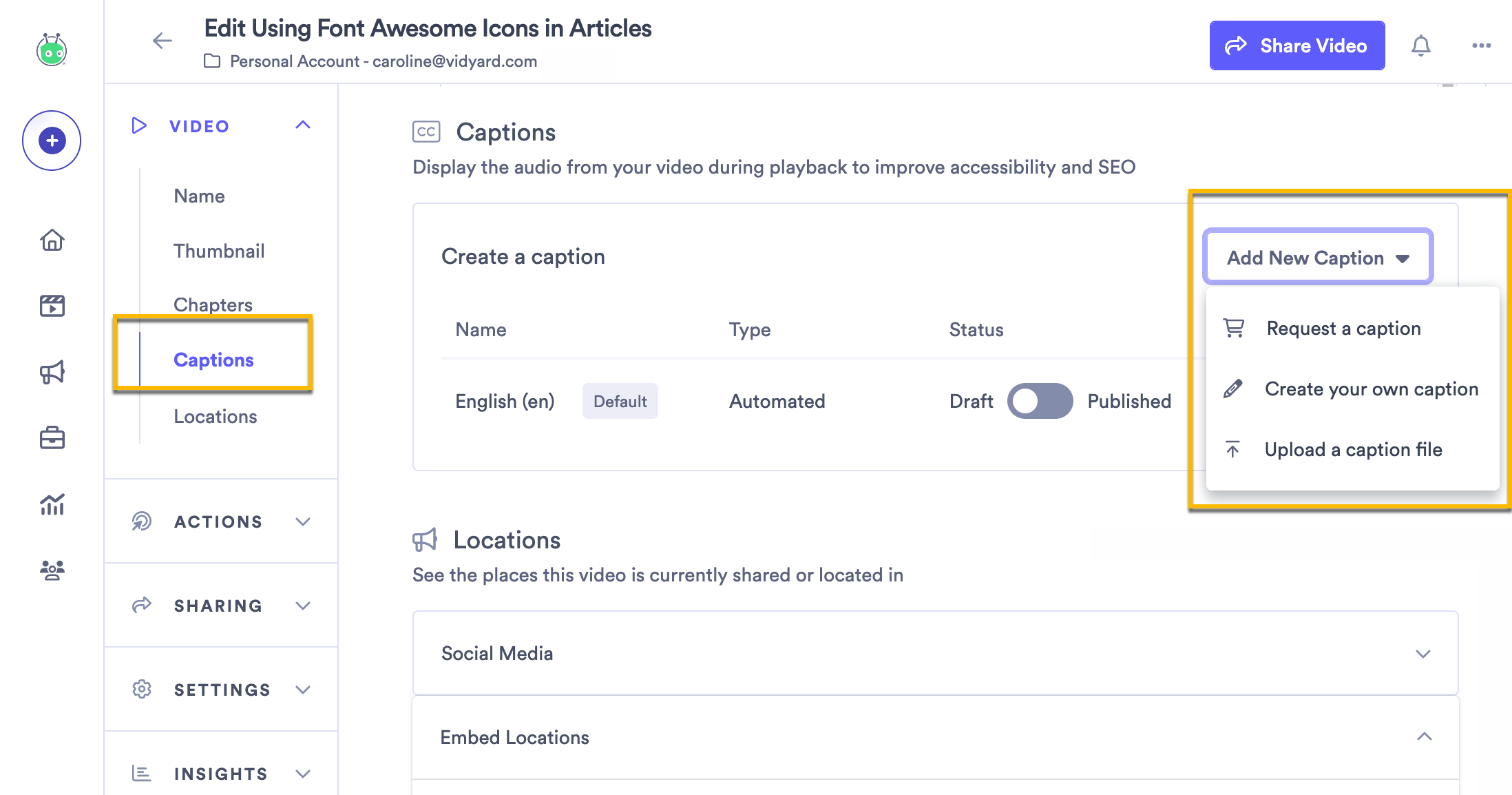 Video caption section showing add caption selection screen open and captioning options provided