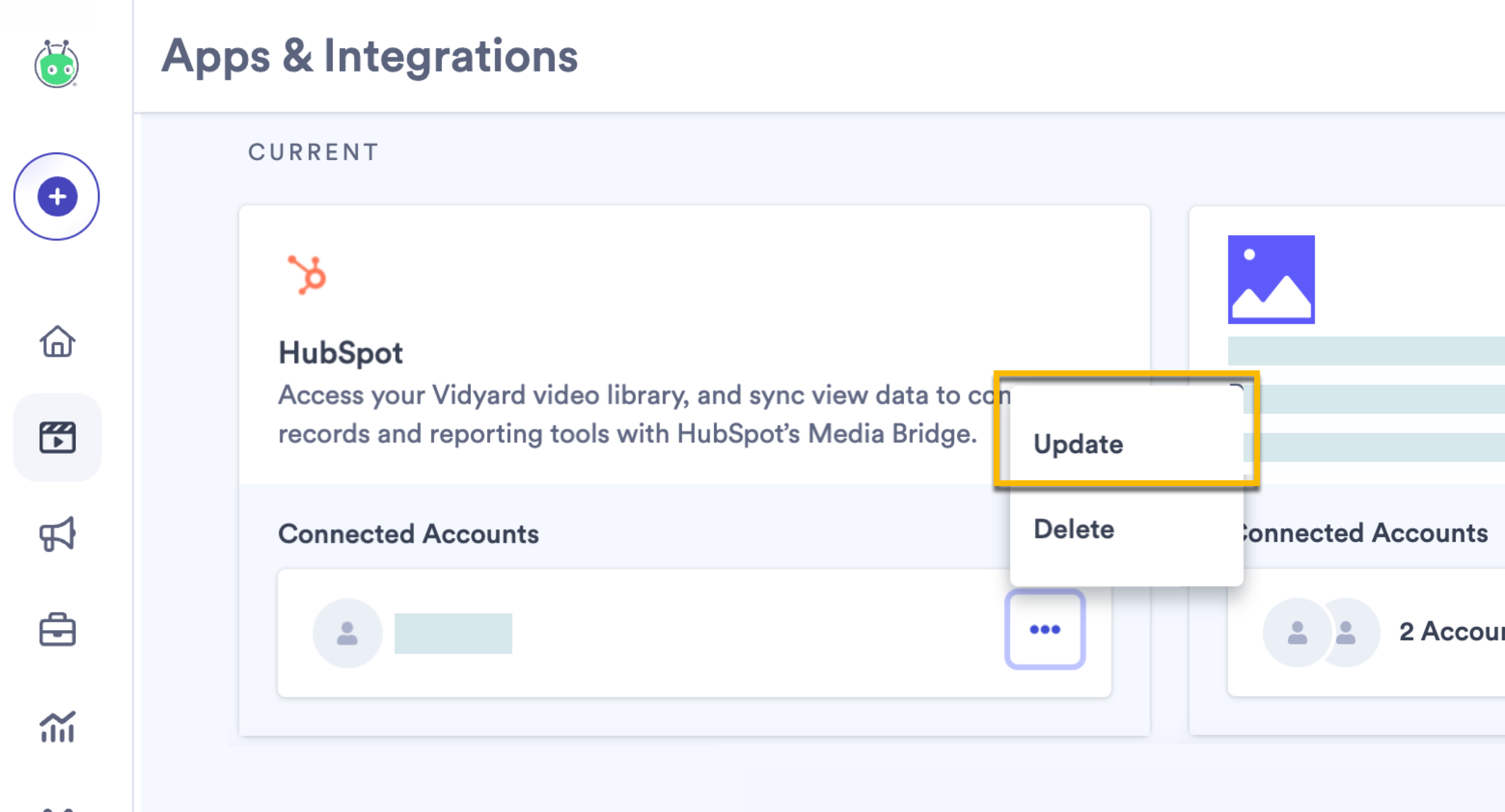 Opening the menu next to the HubSpot integration in Vidyard, then selecting Update