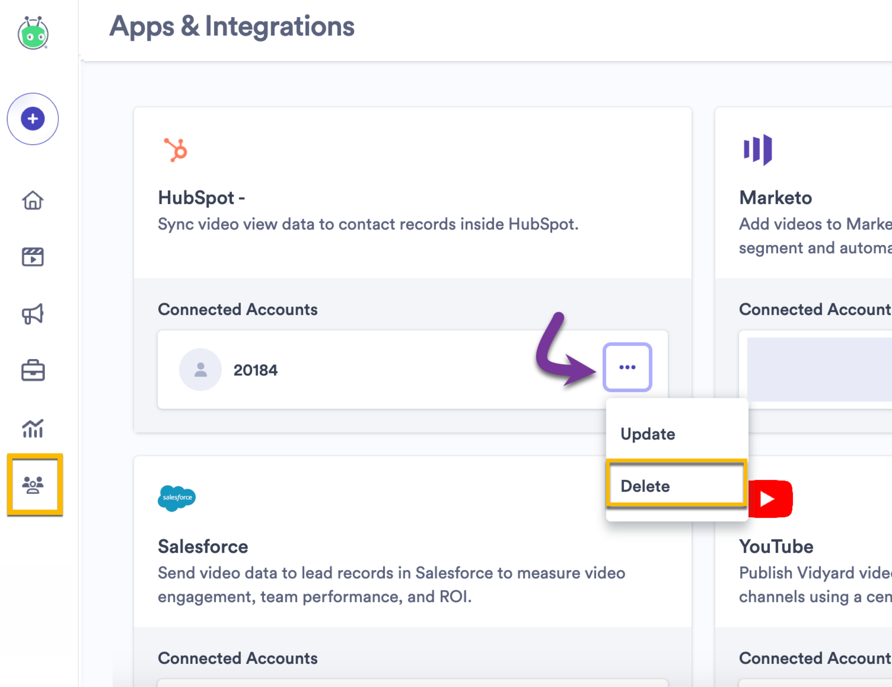 Vidyard Integrations page with menu open next to HubSpot integration and delete option selected