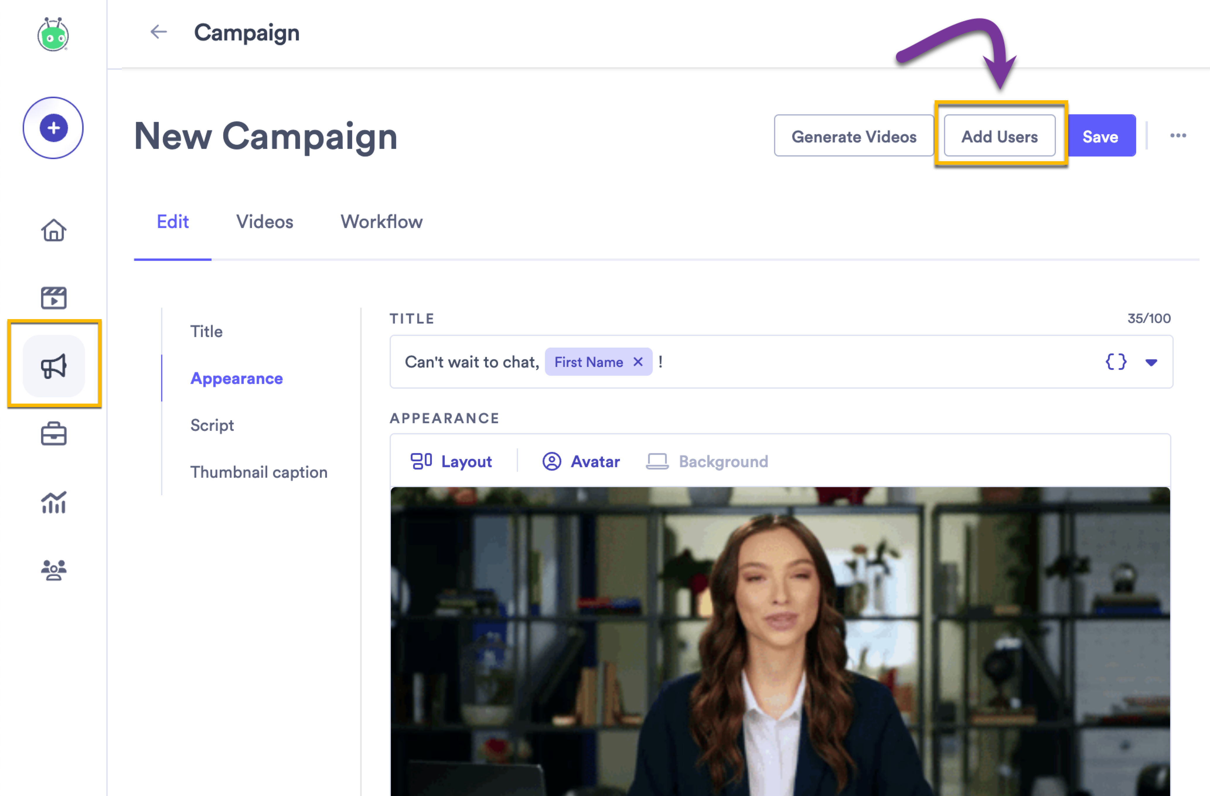 Campaign page with button to add new users highlighted