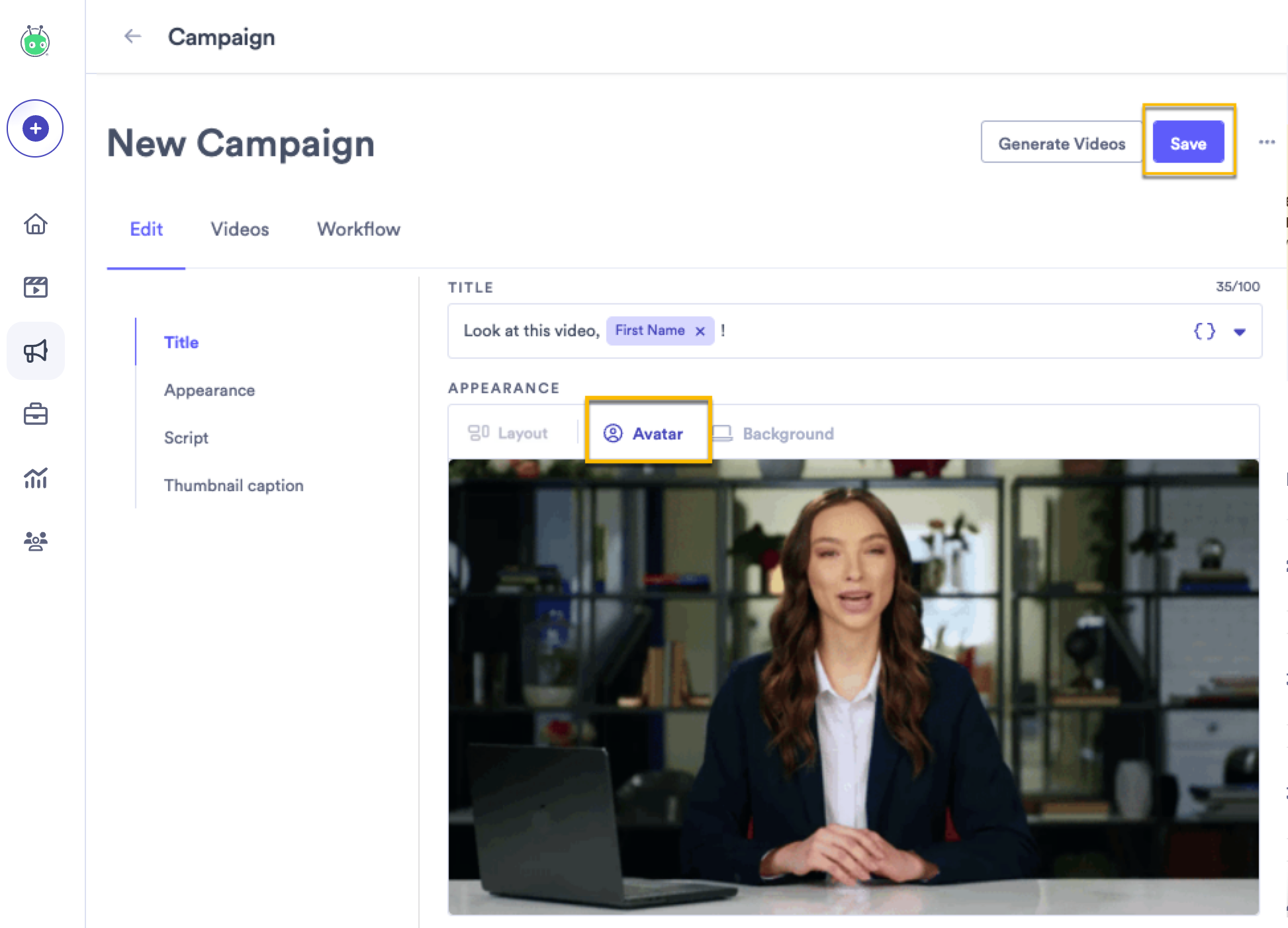 Campaign screen with option to add avatar selected and save button highlighted