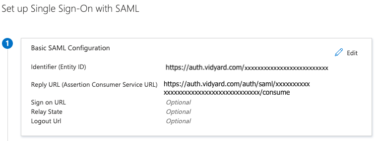 SAML settings in Azure with the Entity ID and Reply URL fields populated with values obtained from Vidyard.