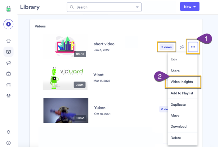Vidyard library showing video menu to access viewing insights